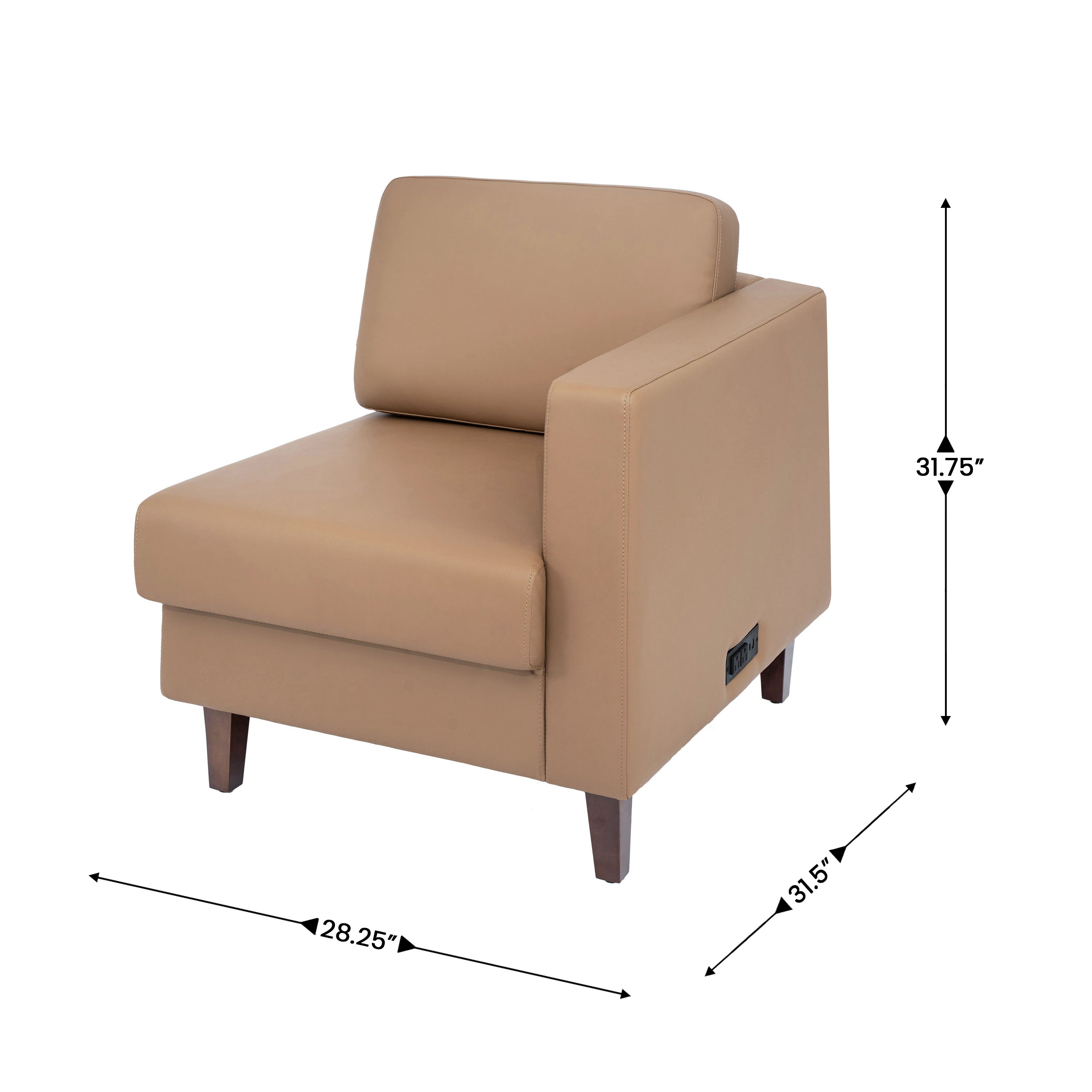 HERCULES Artemis Cognac LeatherSoft Right Arm Reception Chair, 2 AC Outlets/1 USB/1 USB-C Ports and Wooden Walnut Legs with Adjustable Floor Glides