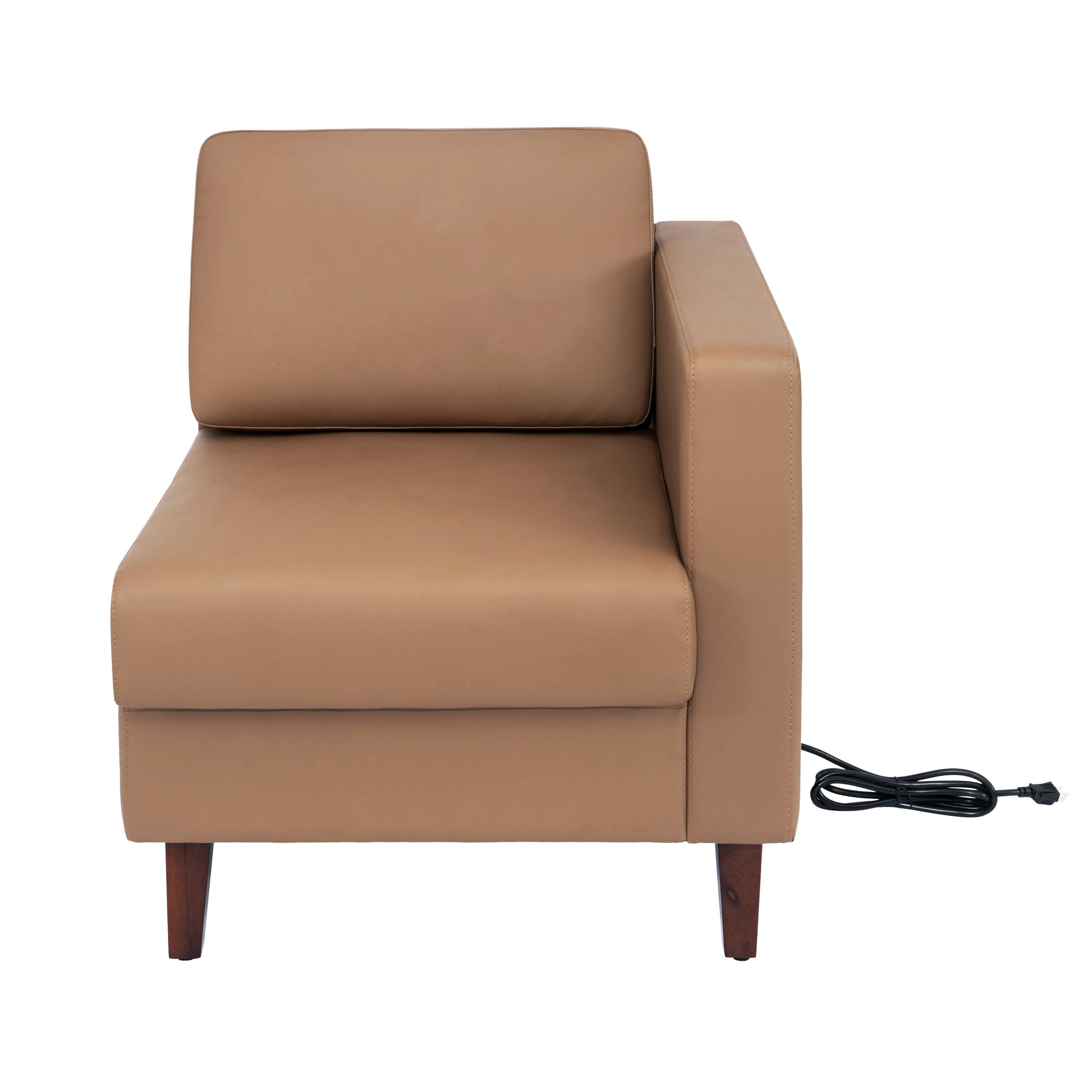 HERCULES Artemis Cognac LeatherSoft Right Arm Reception Chair, 2 AC Outlets/1 USB/1 USB-C Ports and Wooden Walnut Legs with Adjustable Floor Glides