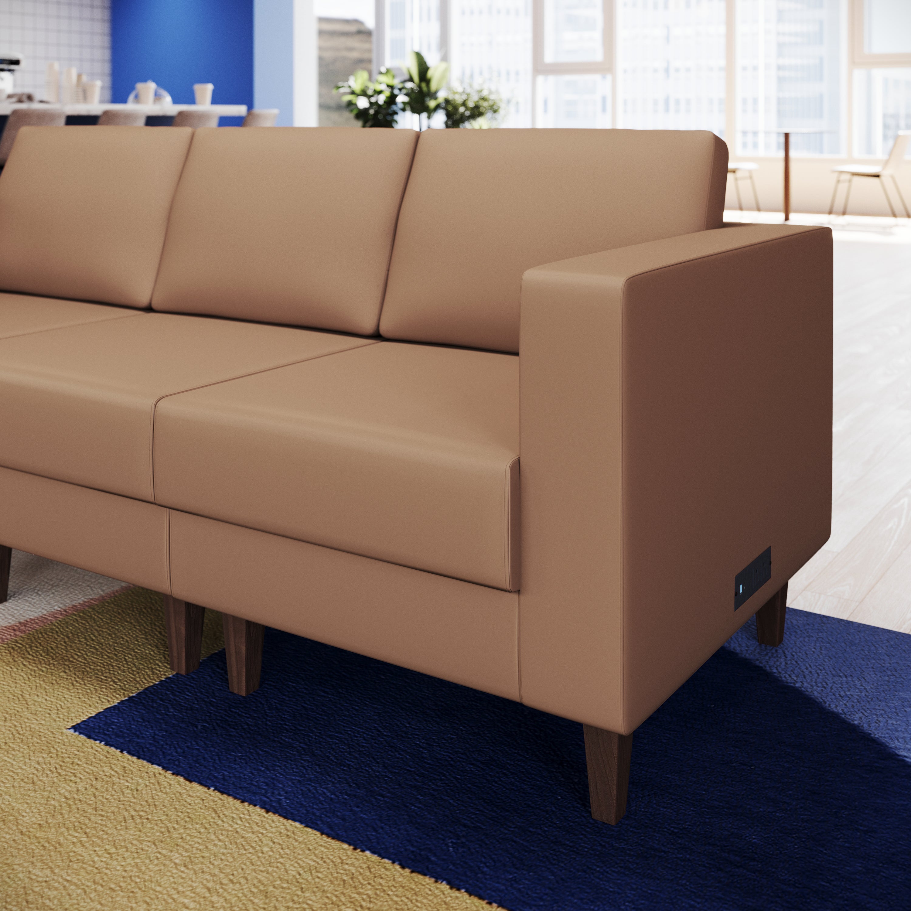 HERCULES Artemis Cognac LeatherSoft Right Arm Reception Chair, 2 AC Outlets/1 USB/1 USB-C Ports and Wooden Walnut Legs with Adjustable Floor Glides