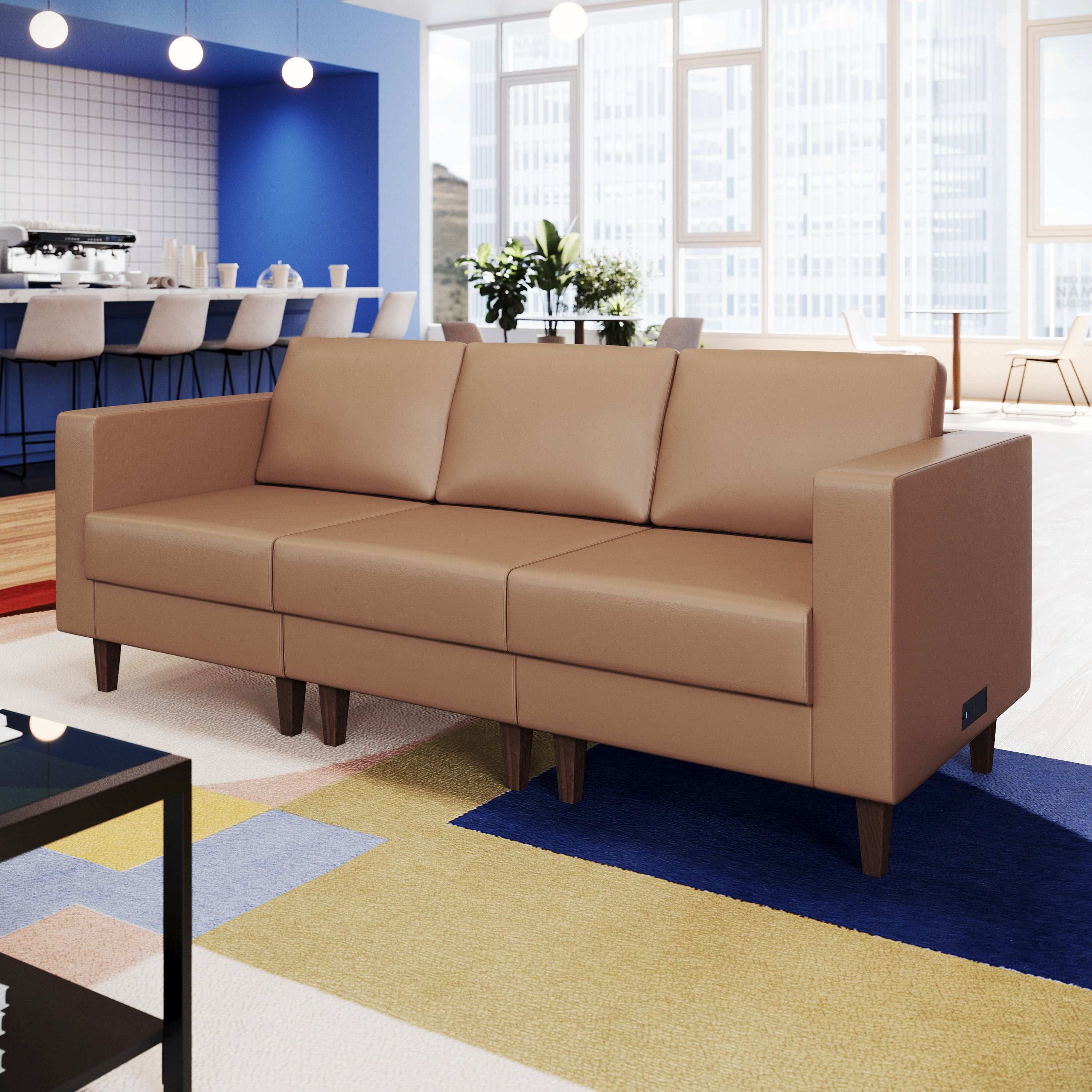 HERCULES Artemis Cognac LeatherSoft Right Arm Reception Chair, 2 AC Outlets/1 USB/1 USB-C Ports and Wooden Walnut Legs with Adjustable Floor Glides