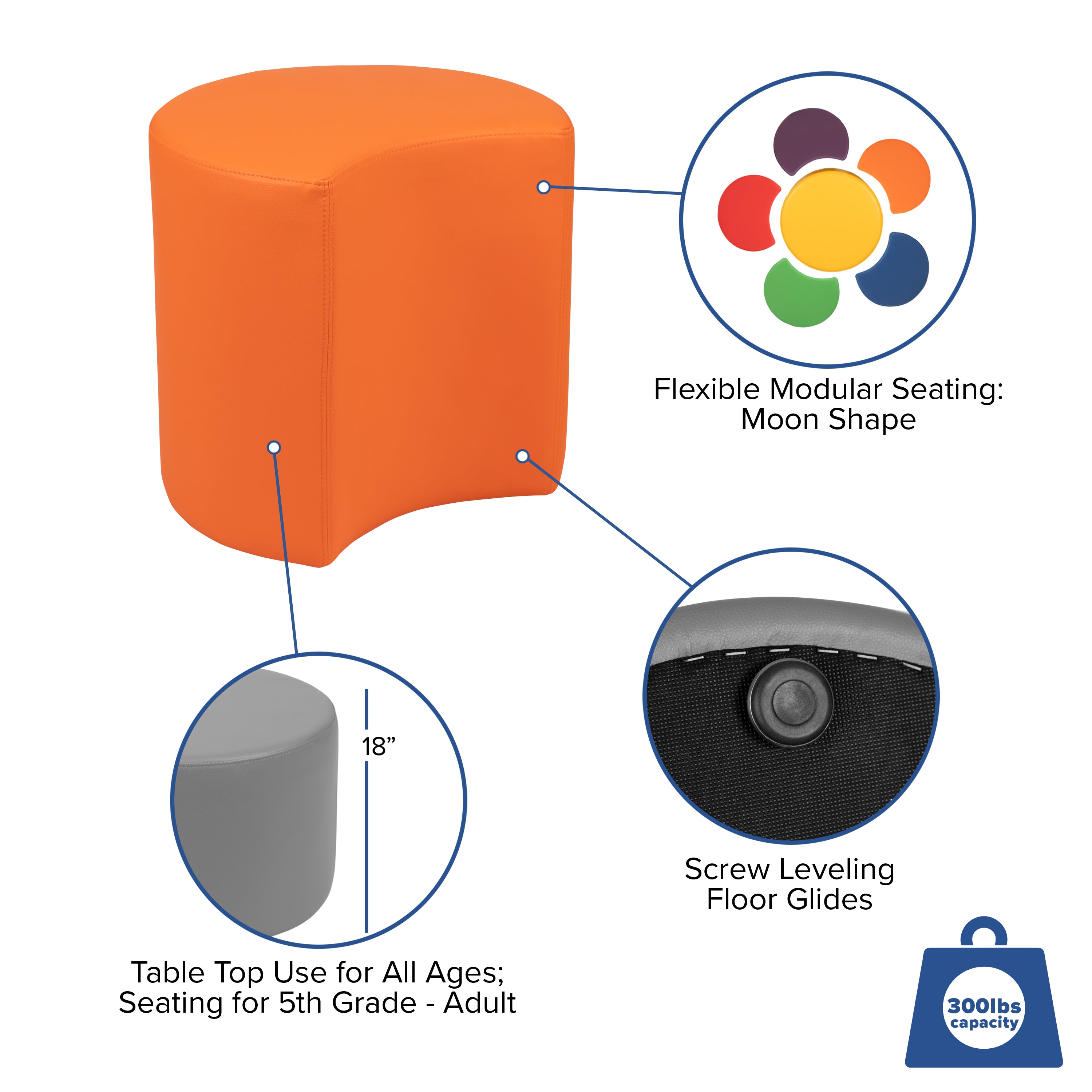 Nicholas Soft Seating Flexible Moon for Classrooms and Common Spaces - 18" Seat Height (Orange)
