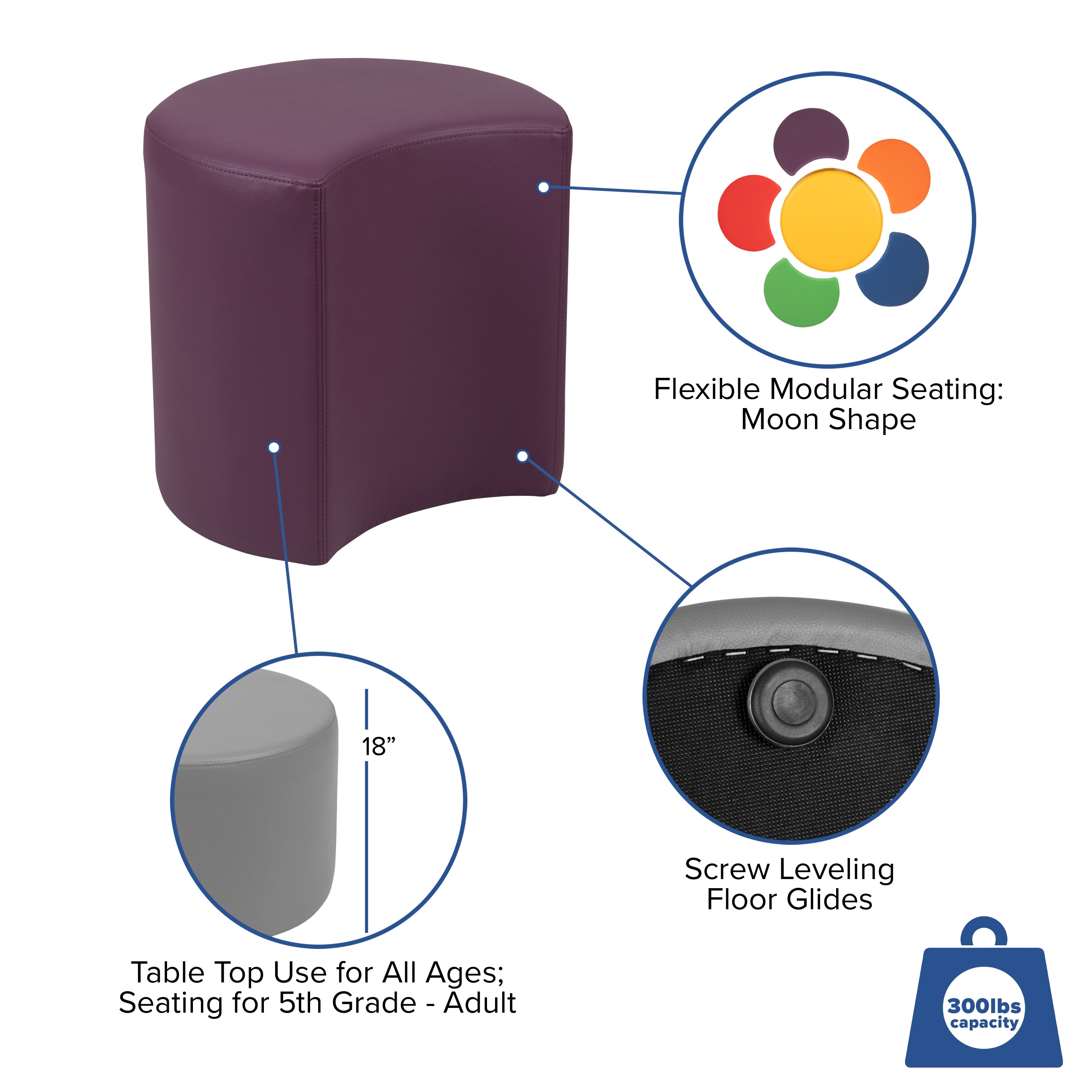 Nicholas Soft Seating Flexible Moon for Classrooms and Common Spaces - 18" Seat Height (Purple)