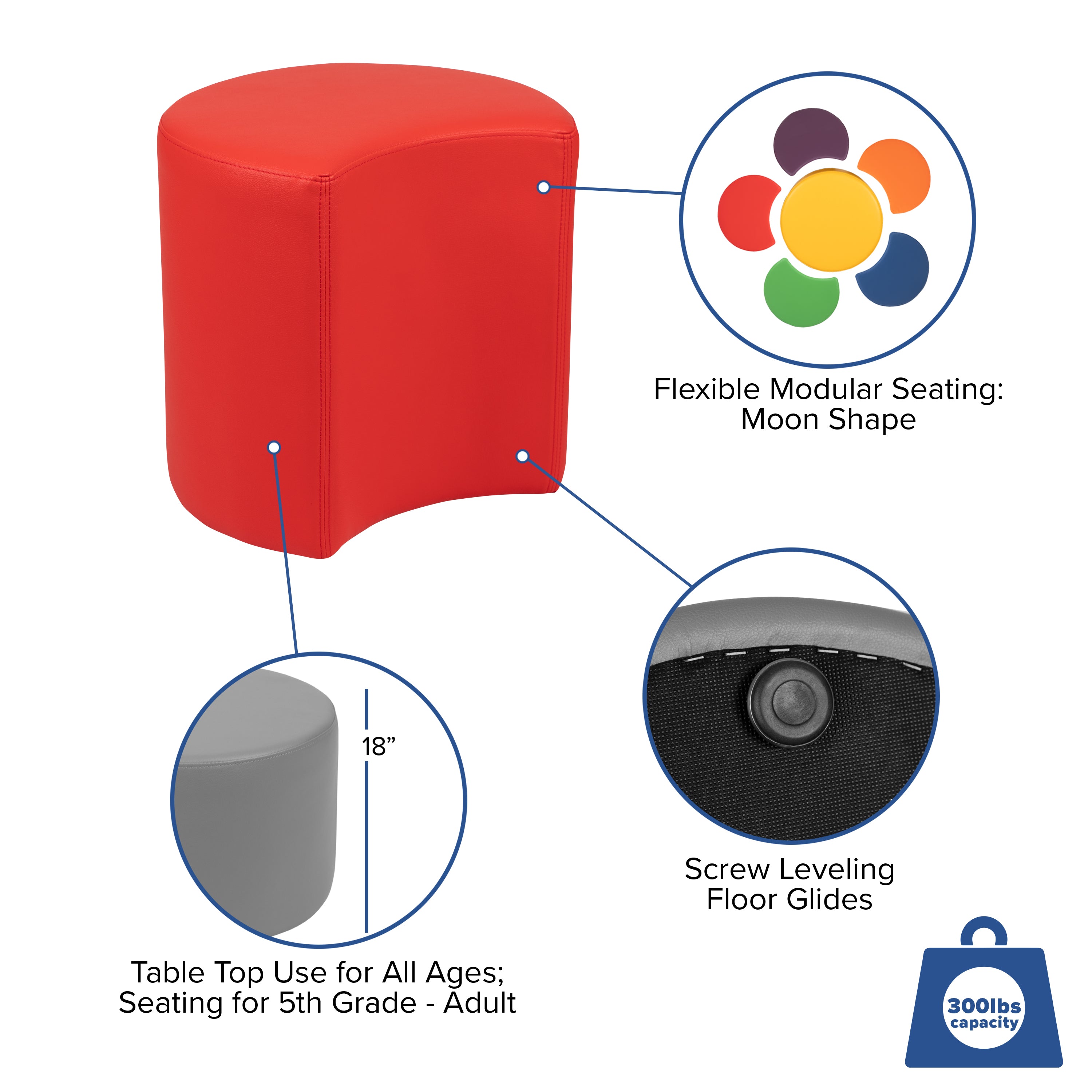 Nicholas Soft Seating Flexible Moon for Classrooms and Common Spaces - 18" Seat Height (Red)