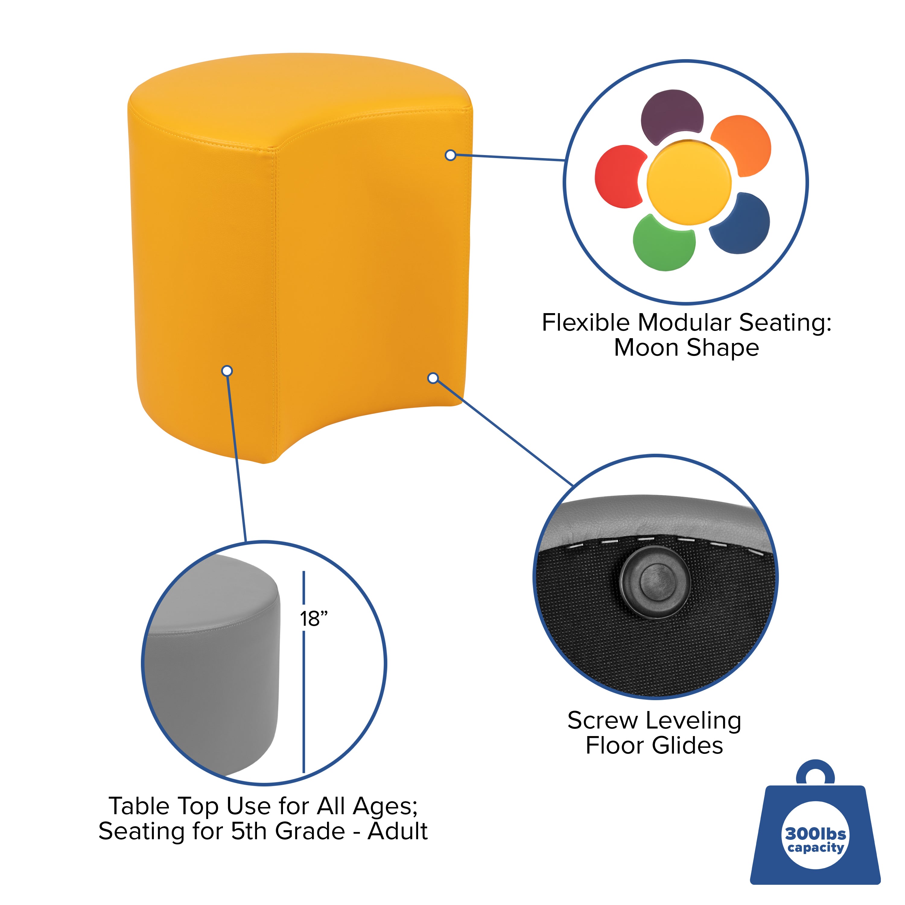 Nicholas Soft Seating Flexible Moon for Classrooms and Common Spaces - 18" Seat Height (Yellow)