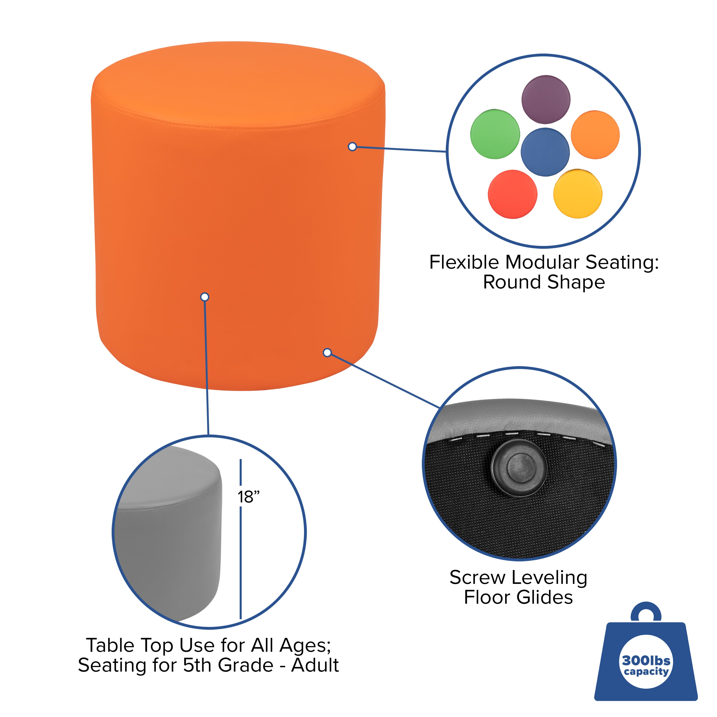 Nicholas Soft Seating Flexible Circle for Classrooms and Common Spaces - 18" Seat Height (Orange)