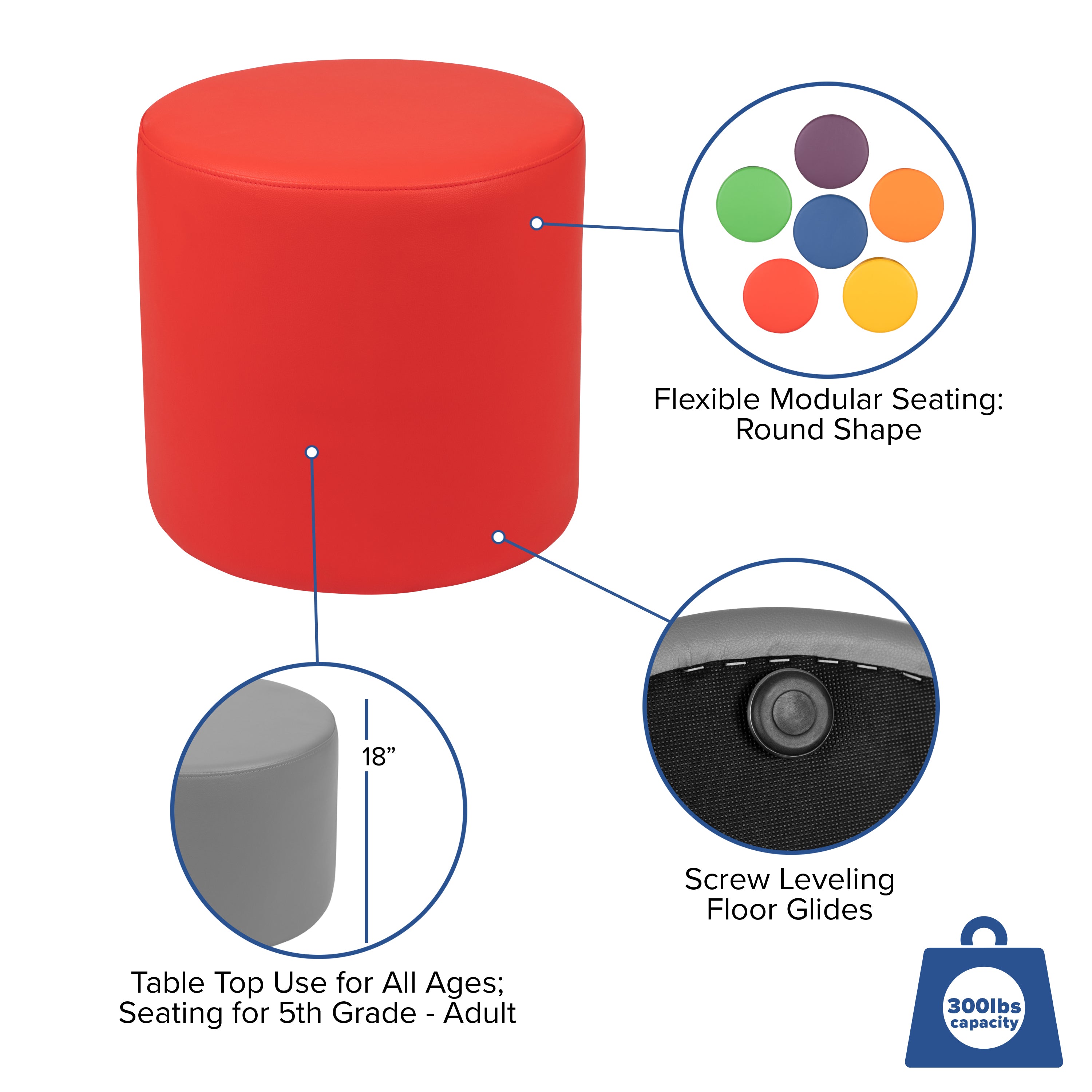 Nicholas Soft Seating Flexible Circle for Classrooms and Common Spaces - 18" Seat Height (Red)