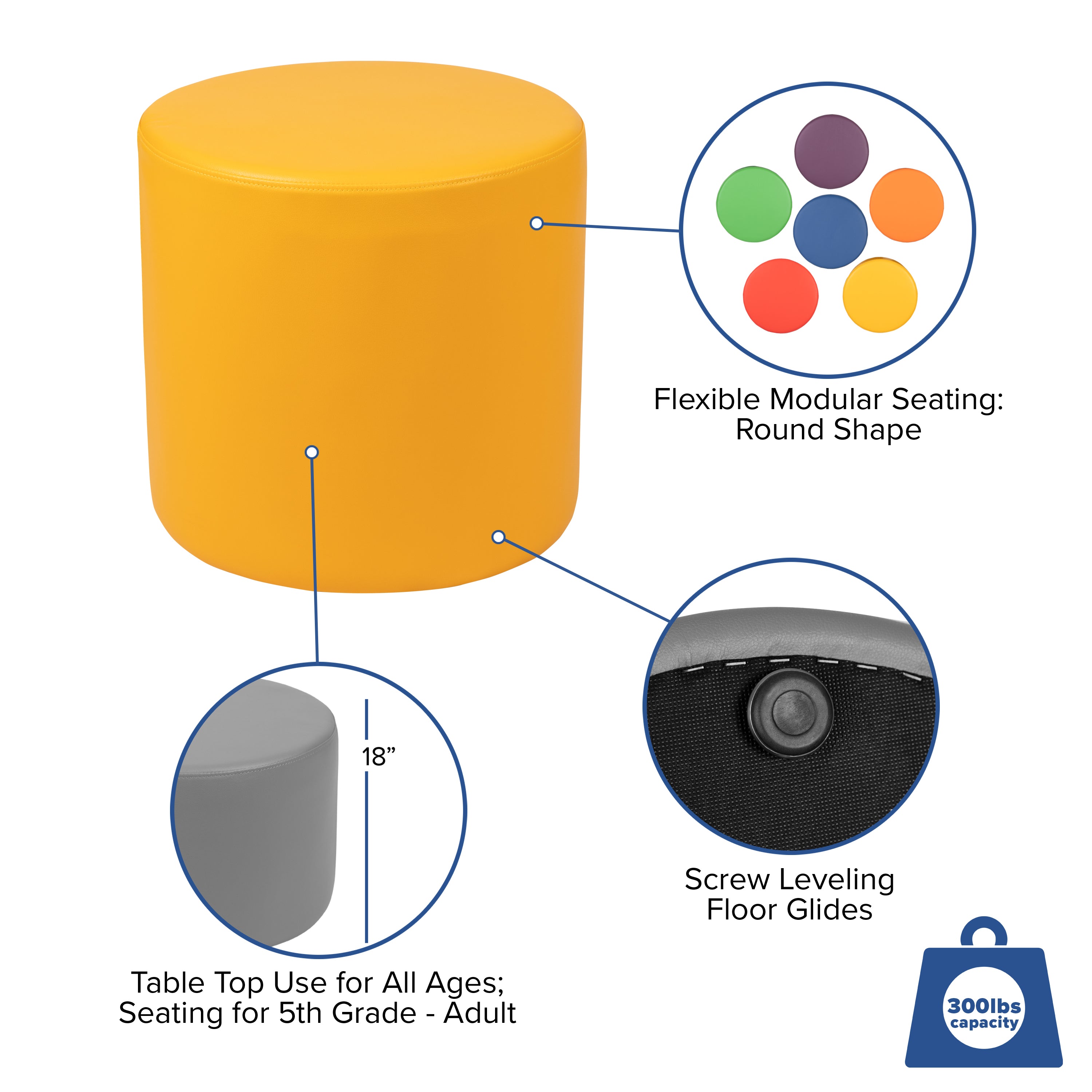 Nicholas Soft Seating Flexible Circle for Classrooms and Common Spaces - 18" Seat Height (Yellow)