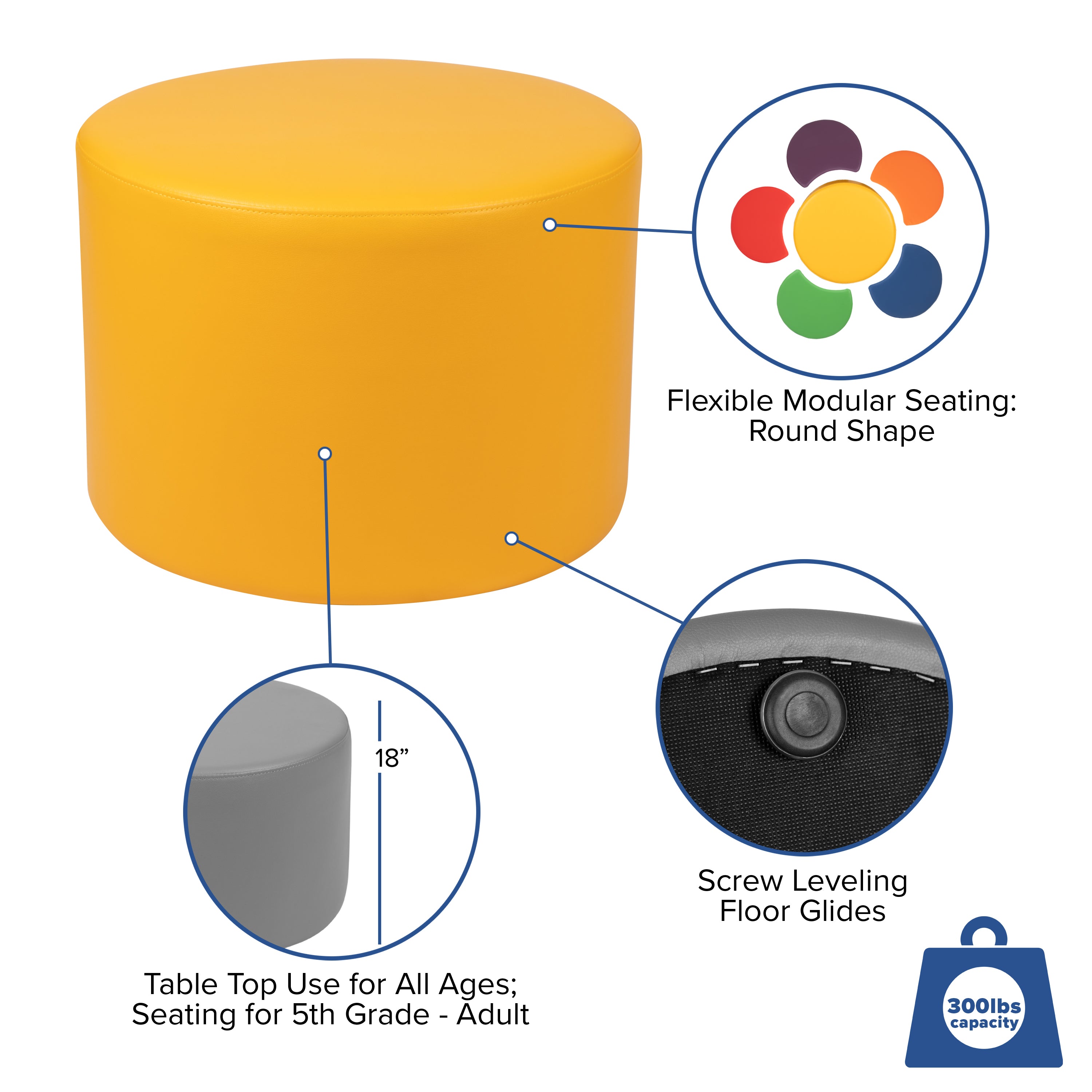 Nicholas Large Soft Seating Flexible Circle for Classrooms and Common Spaces - Yellow (18" Height x 24" Diameter)
