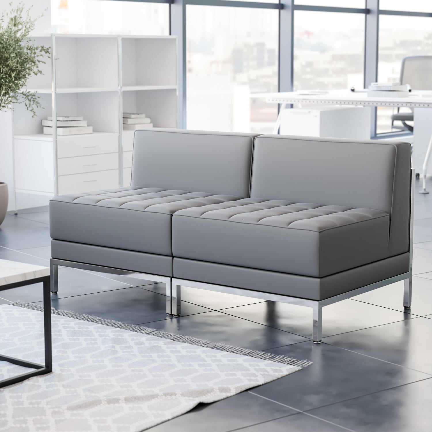 HERCULES Imagination Series 2 Piece Gray LeatherSoft Waiting Room Lounge Set with Ganging Clips - Reception Bench with Ganging Clips
