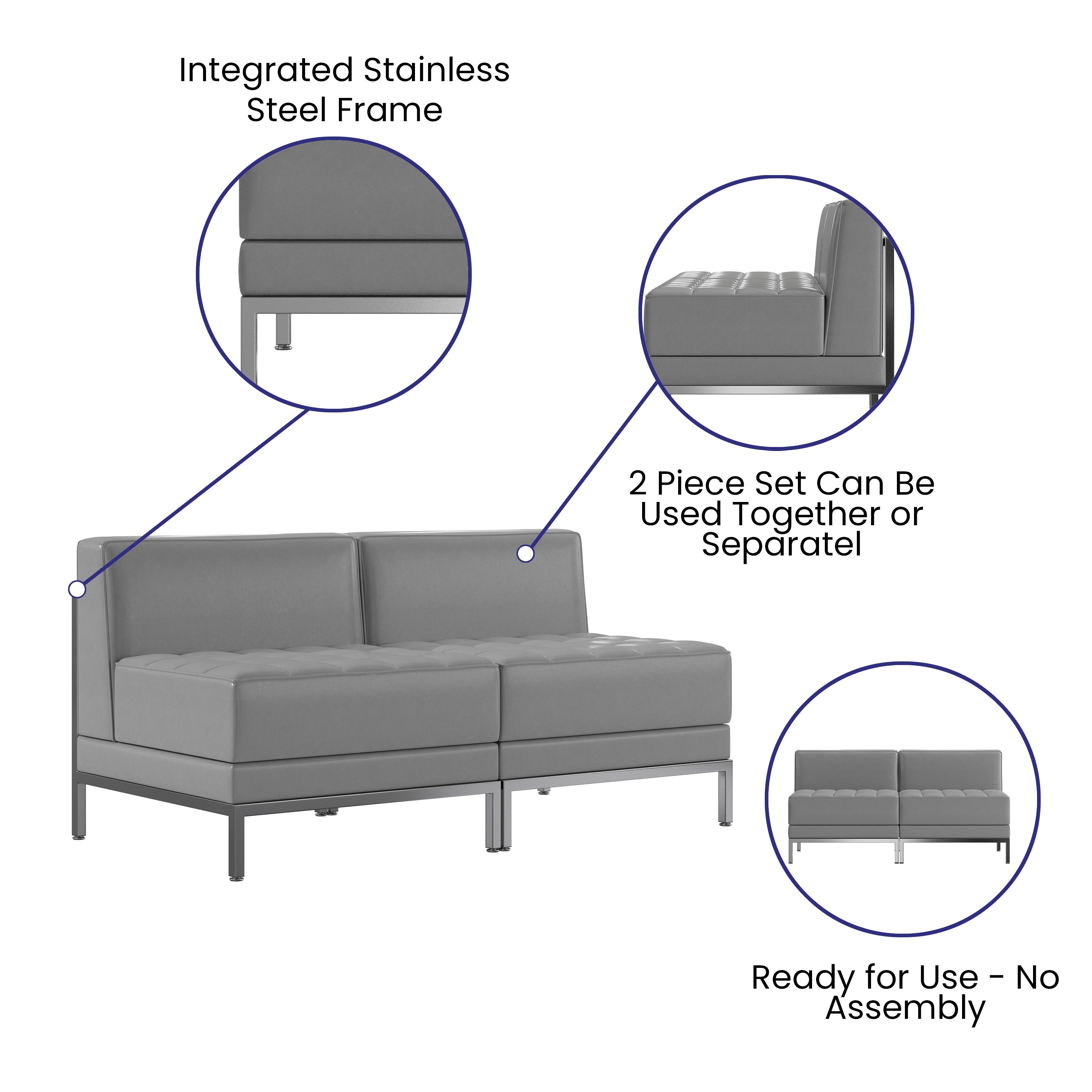 HERCULES Imagination Series 2 Piece Gray LeatherSoft Waiting Room Lounge Set with Ganging Clips - Reception Bench with Ganging Clips