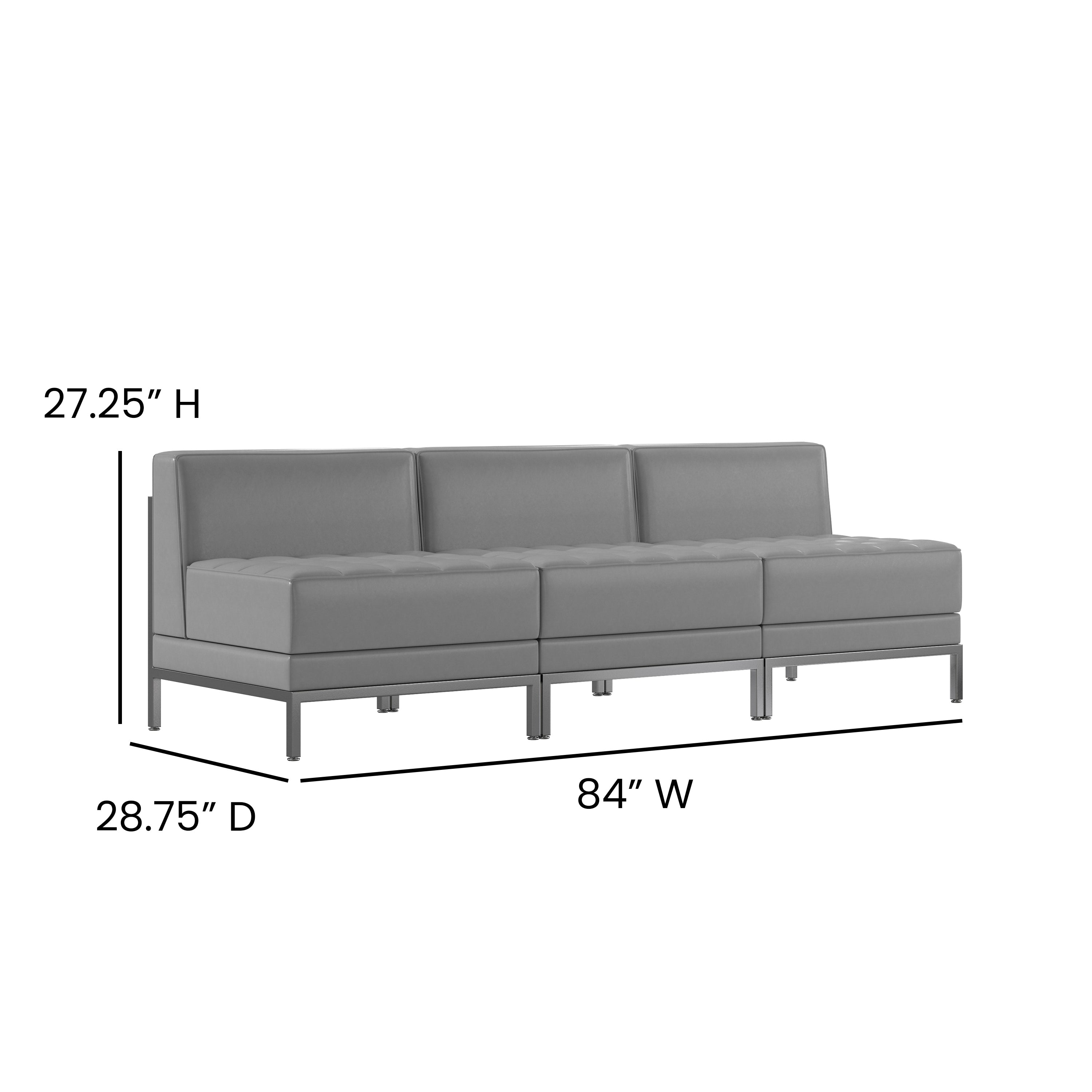 HERCULES Imagination Series 3 Piece Gray LeatherSoft Waiting Room Lounge Set with Ganging Clips - Reception Bench with Ganging Clips