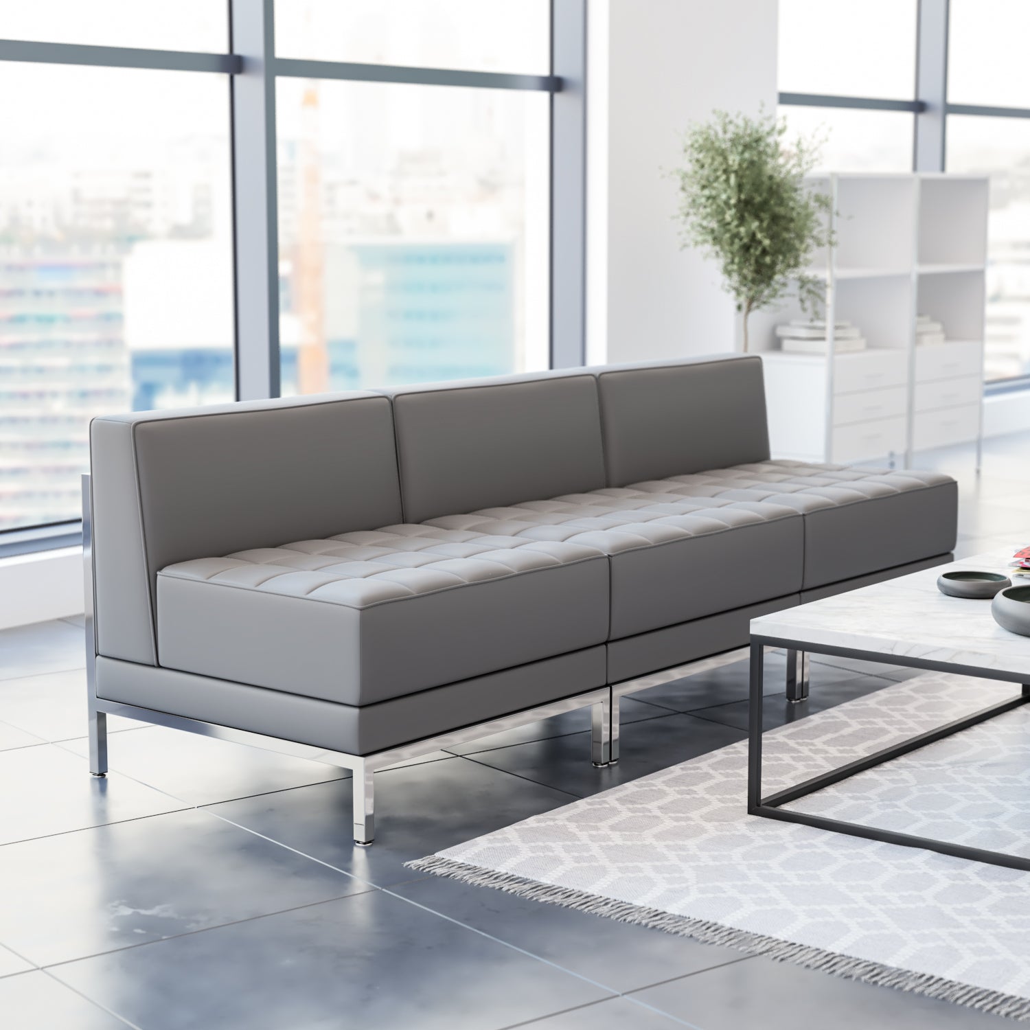 HERCULES Imagination Series 3 Piece Gray LeatherSoft Waiting Room Lounge Set with Ganging Clips - Reception Bench with Ganging Clips