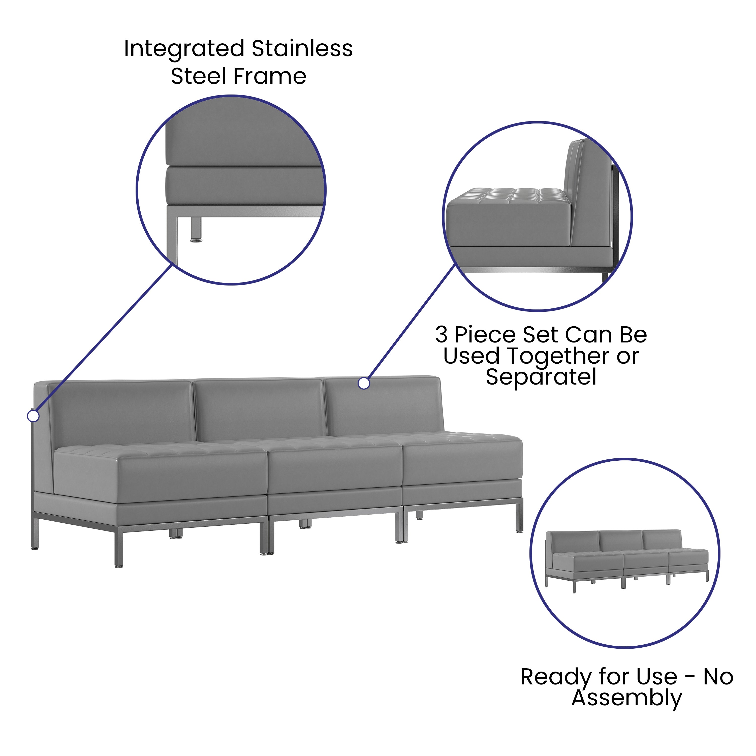 HERCULES Imagination Series 3 Piece Gray LeatherSoft Waiting Room Lounge Set with Ganging Clips - Reception Bench with Ganging Clips