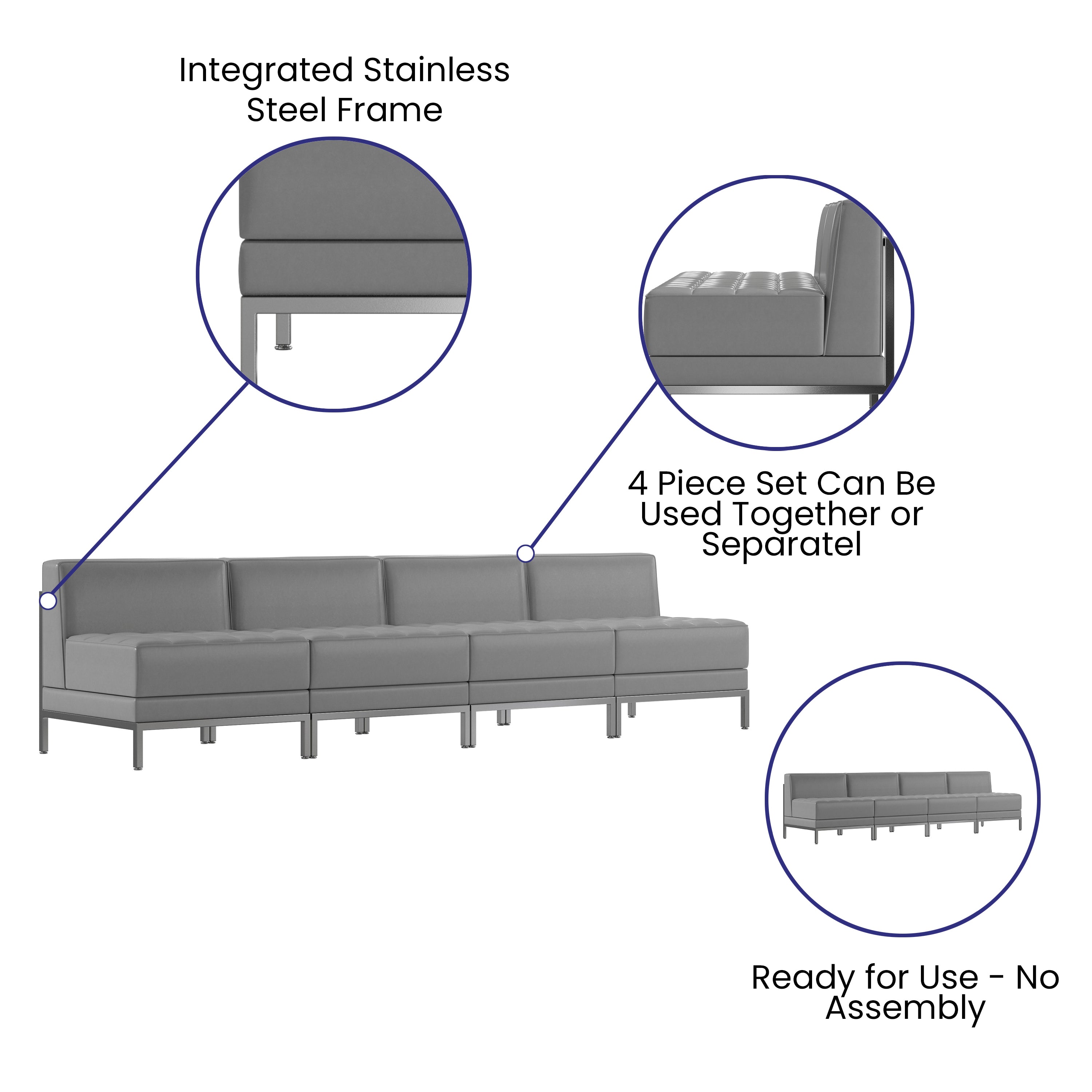 HERCULES Imagination Series 4 Piece Gray LeatherSoft Waiting Room Lounge Set with Ganging Clips - Reception Bench with Ganging Clips