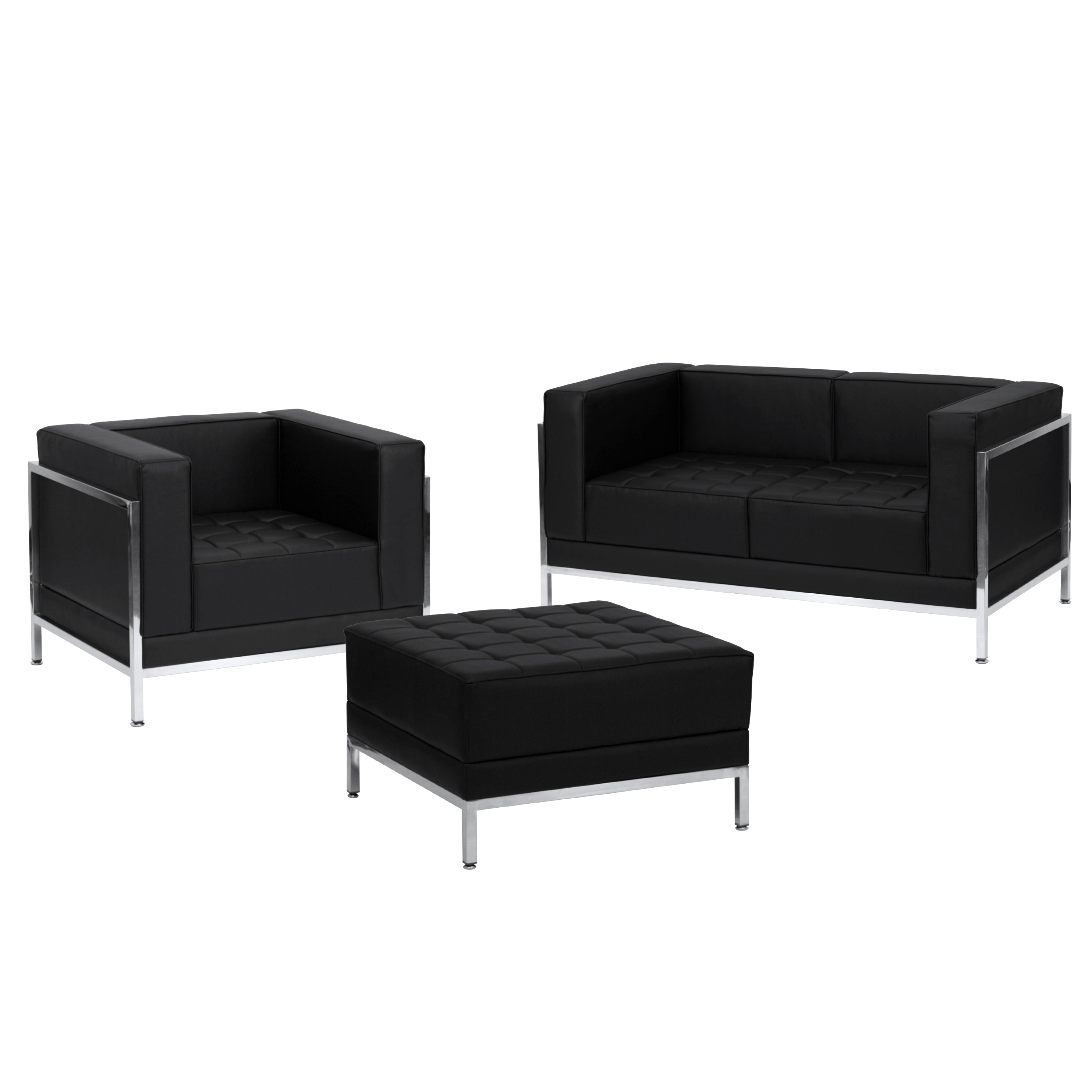 HERCULES Imagination Series Black LeatherSoft Loveseat, Chair & Ottoman Set with Ganging Clips