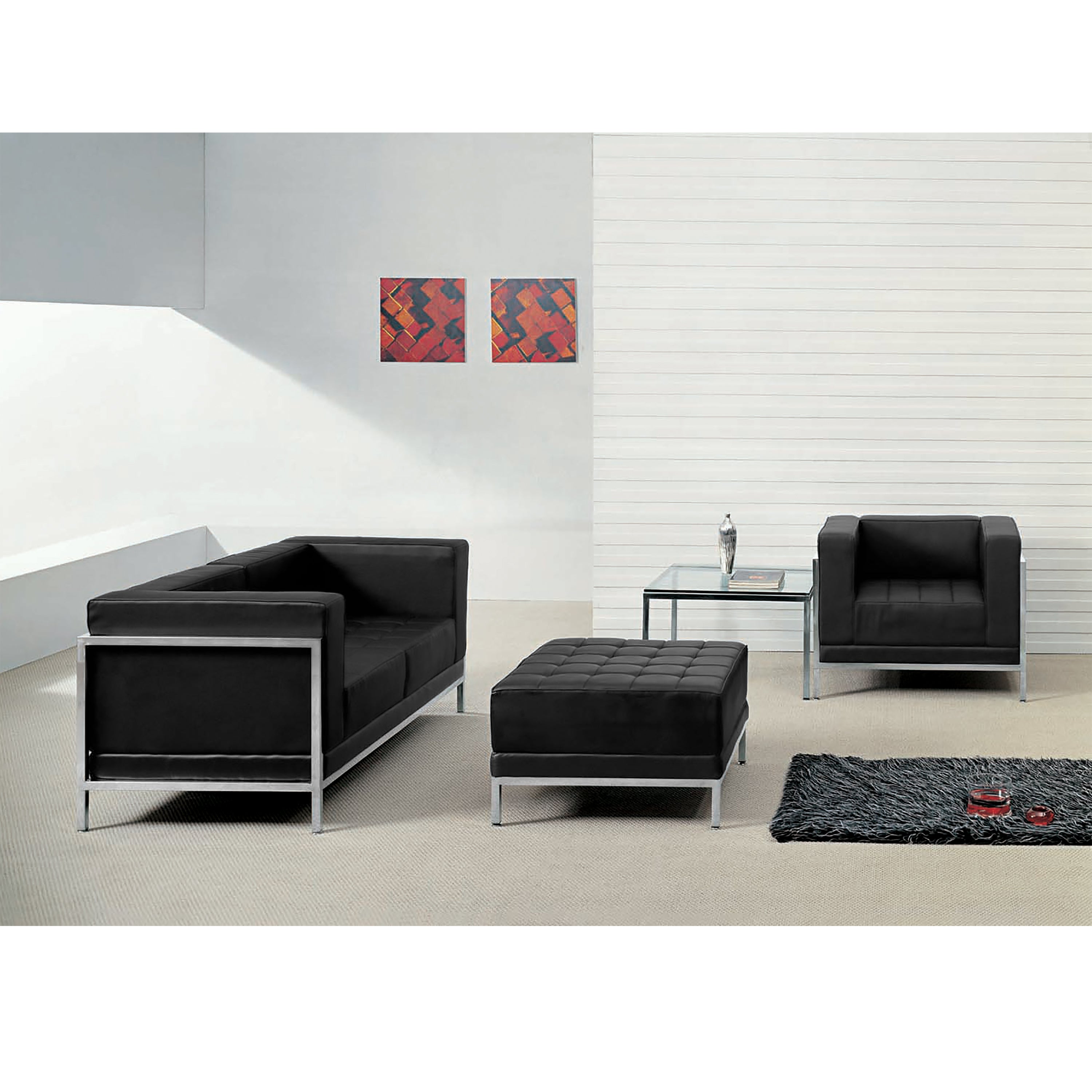 HERCULES Imagination Series Black LeatherSoft Loveseat, Chair & Ottoman Set with Ganging Clips