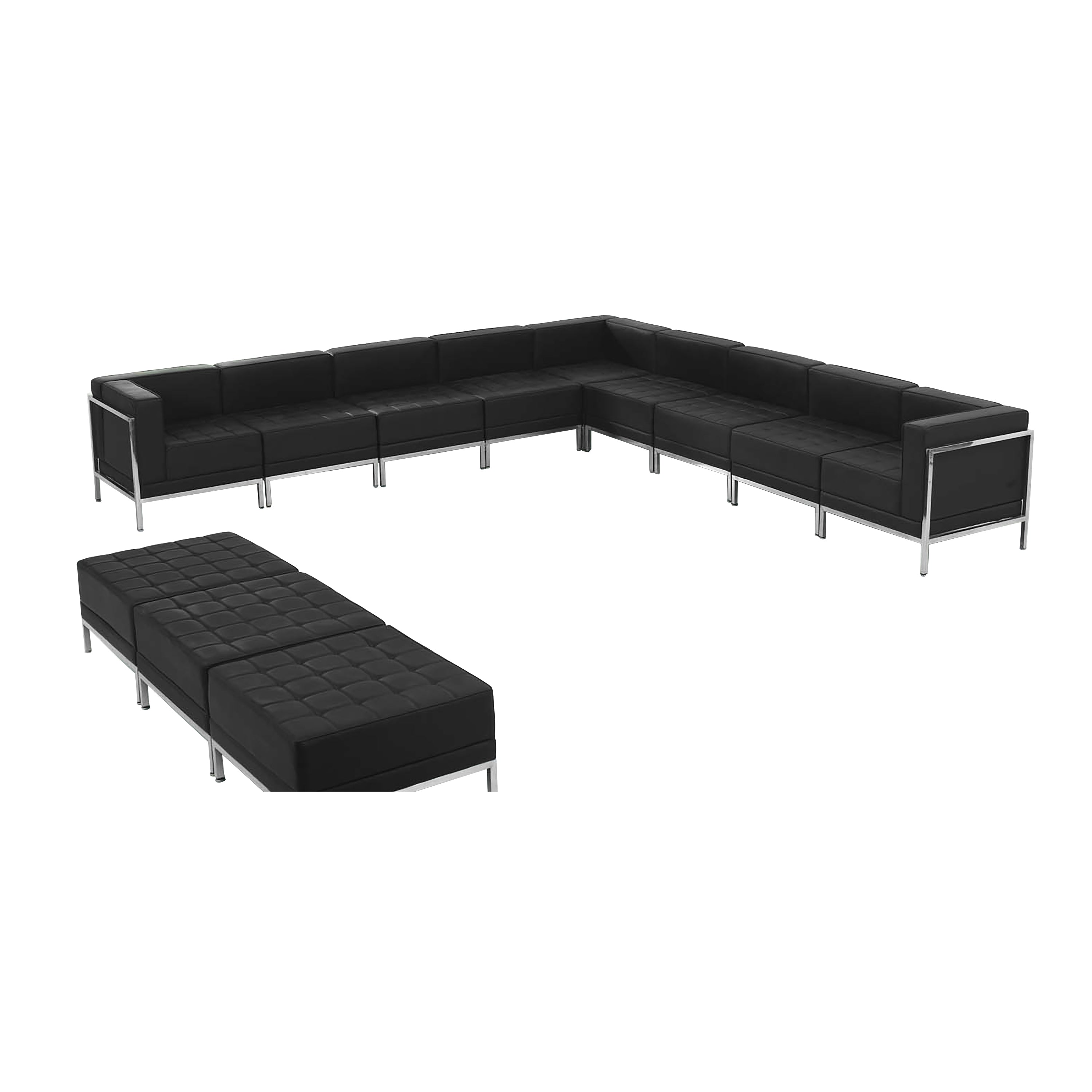HERCULES Imagination Series Black LeatherSoft Sectional & Ottoman Set with Ganging Clips, 12 Pieces