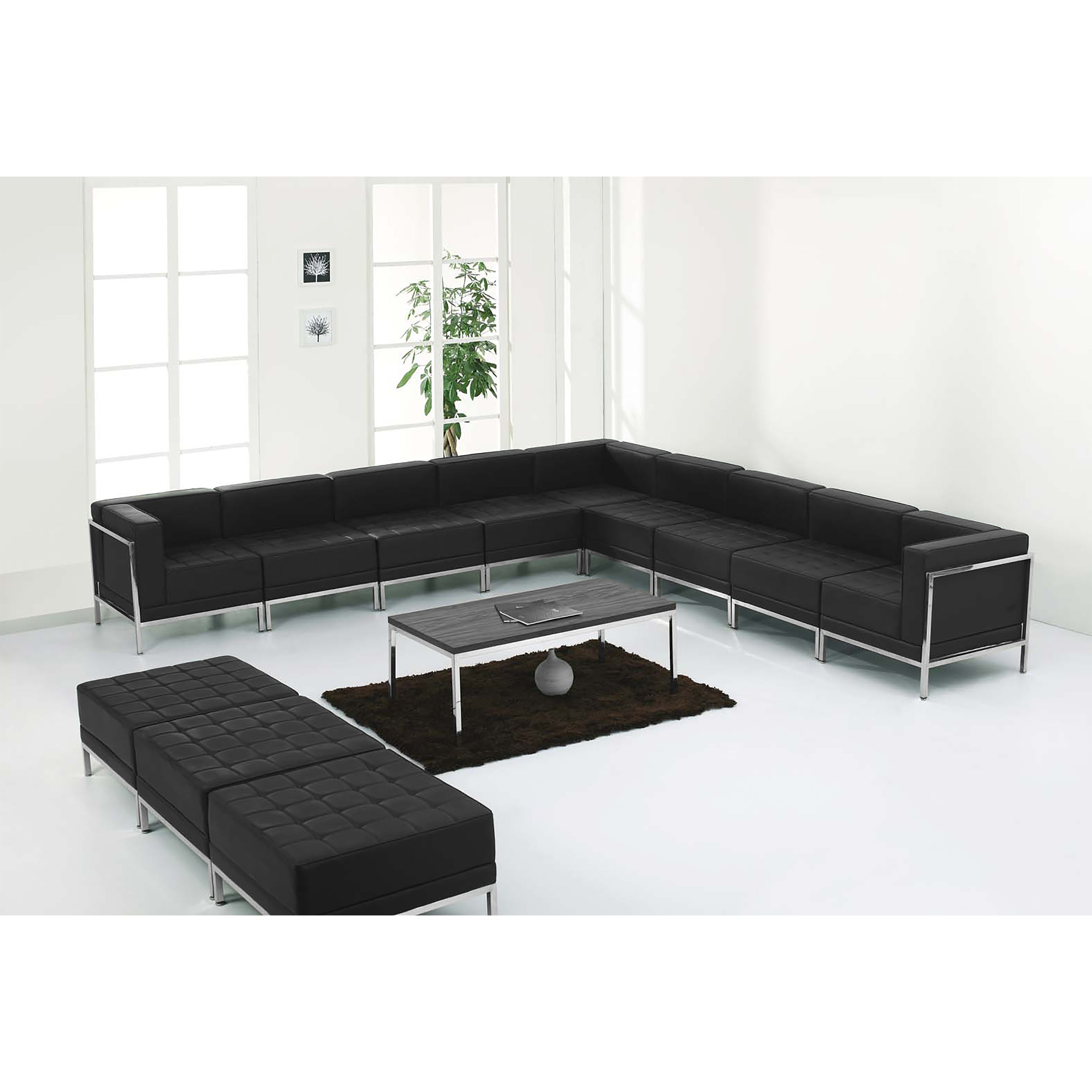 HERCULES Imagination Series Black LeatherSoft Sectional & Ottoman Set with Ganging Clips, 12 Pieces