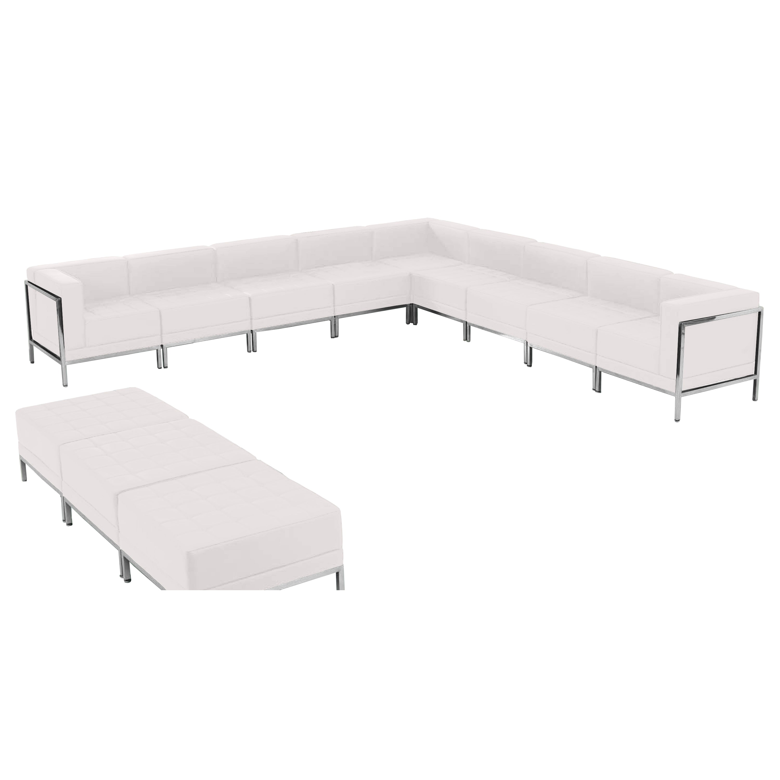 HERCULES Imagination Series Melrose White LeatherSoft Sectional & Ottoman Set with Ganging Clips, 12 Pieces