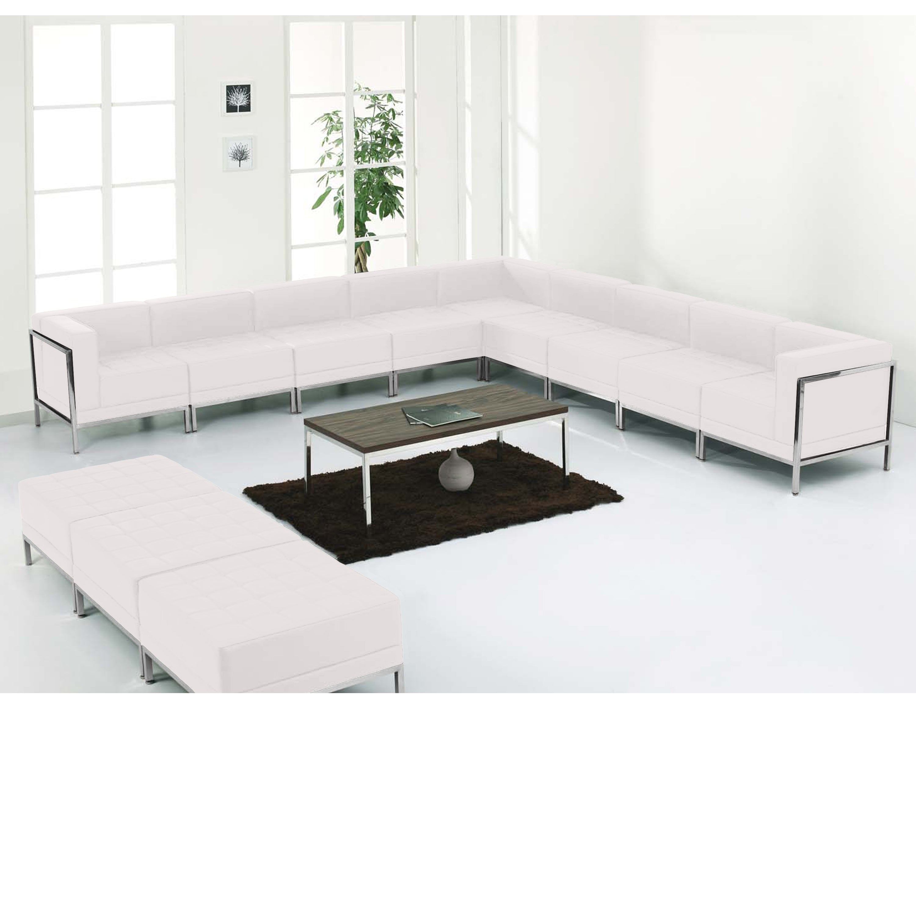HERCULES Imagination Series Melrose White LeatherSoft Sectional & Ottoman Set with Ganging Clips, 12 Pieces