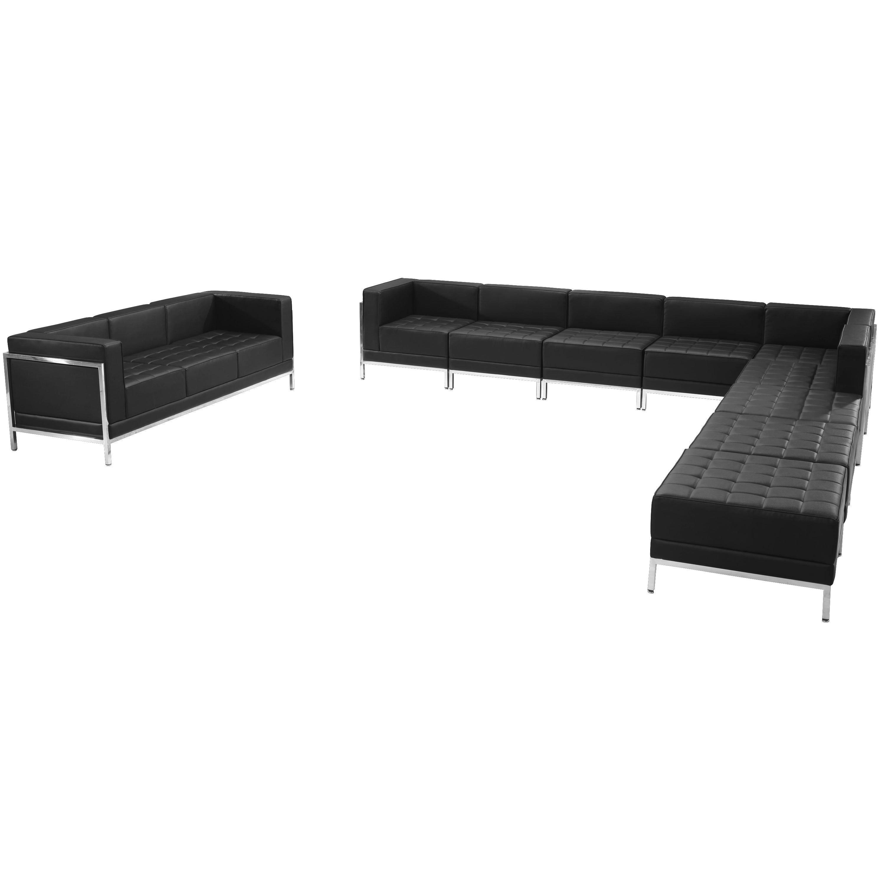 HERCULES Imagination Series Black LeatherSoft Sectional & Sofa Set with Ganging Clips, 10 Pieces
