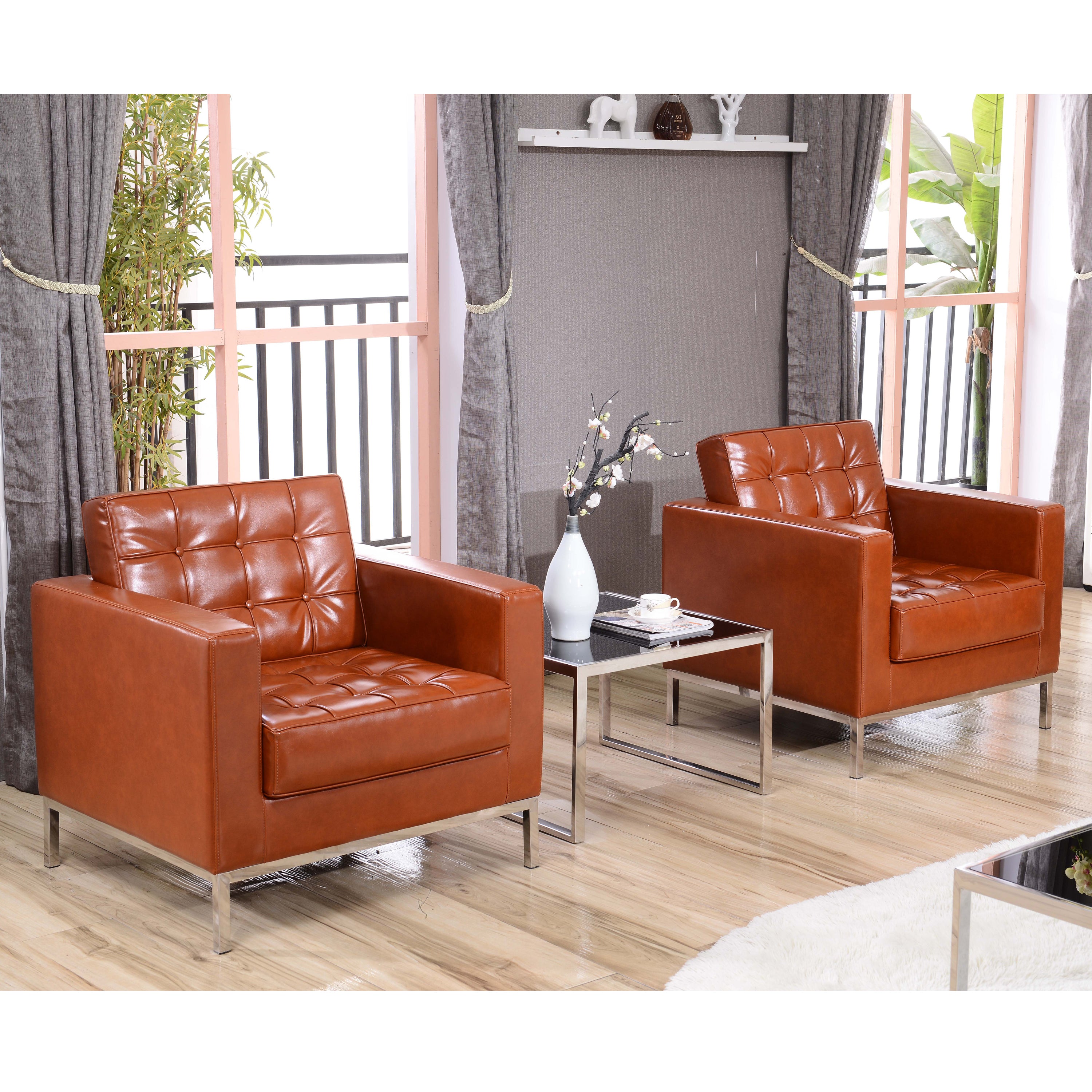 HERCULES Lacey Series Contemporary Cognac LeatherSoft Chair with Stainless Steel Frame