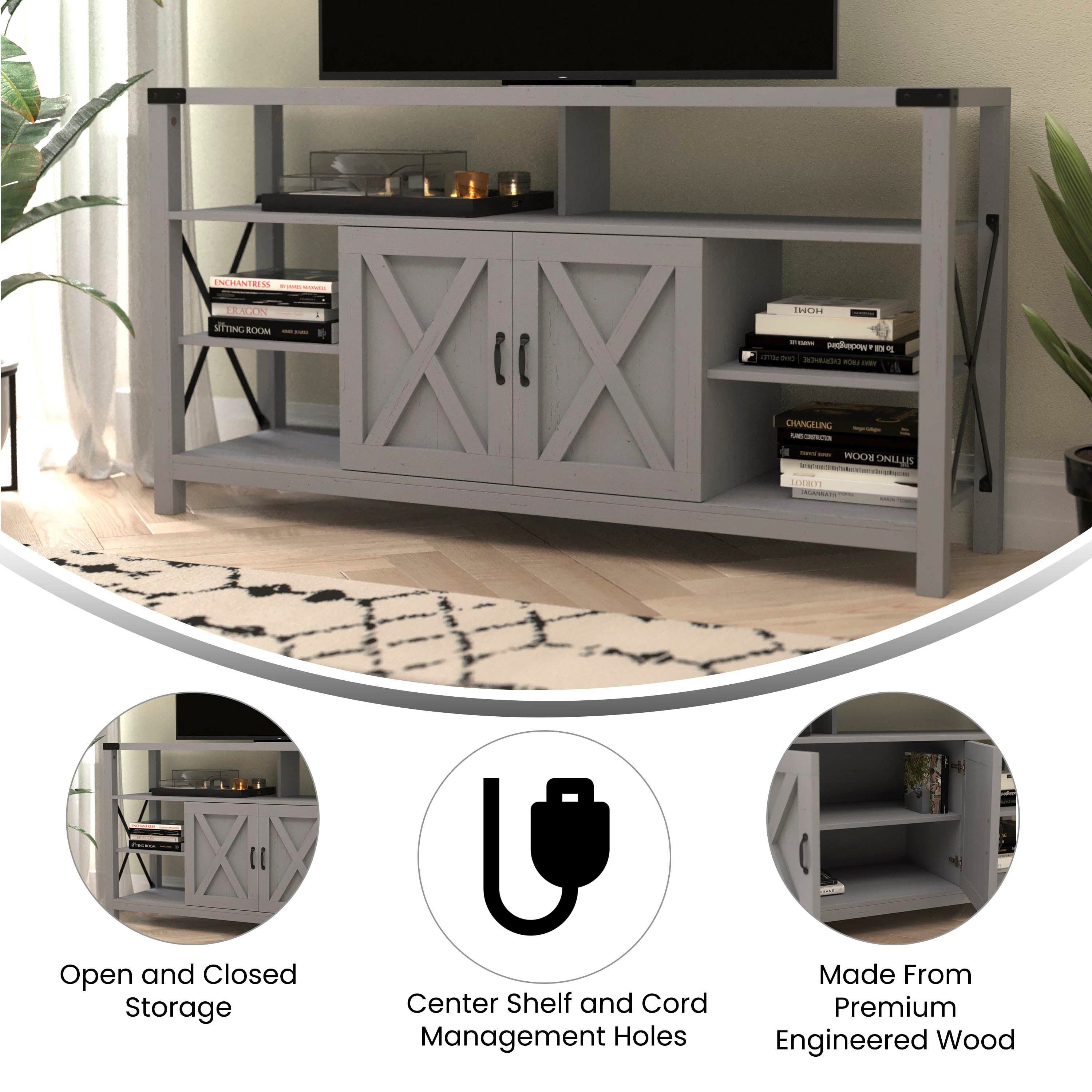 Wyatt 60" Modern Farmhouse Tall TV Console Cabinet with Storage Cabinets and Shelves for TV's up to 60", Coastal Gray