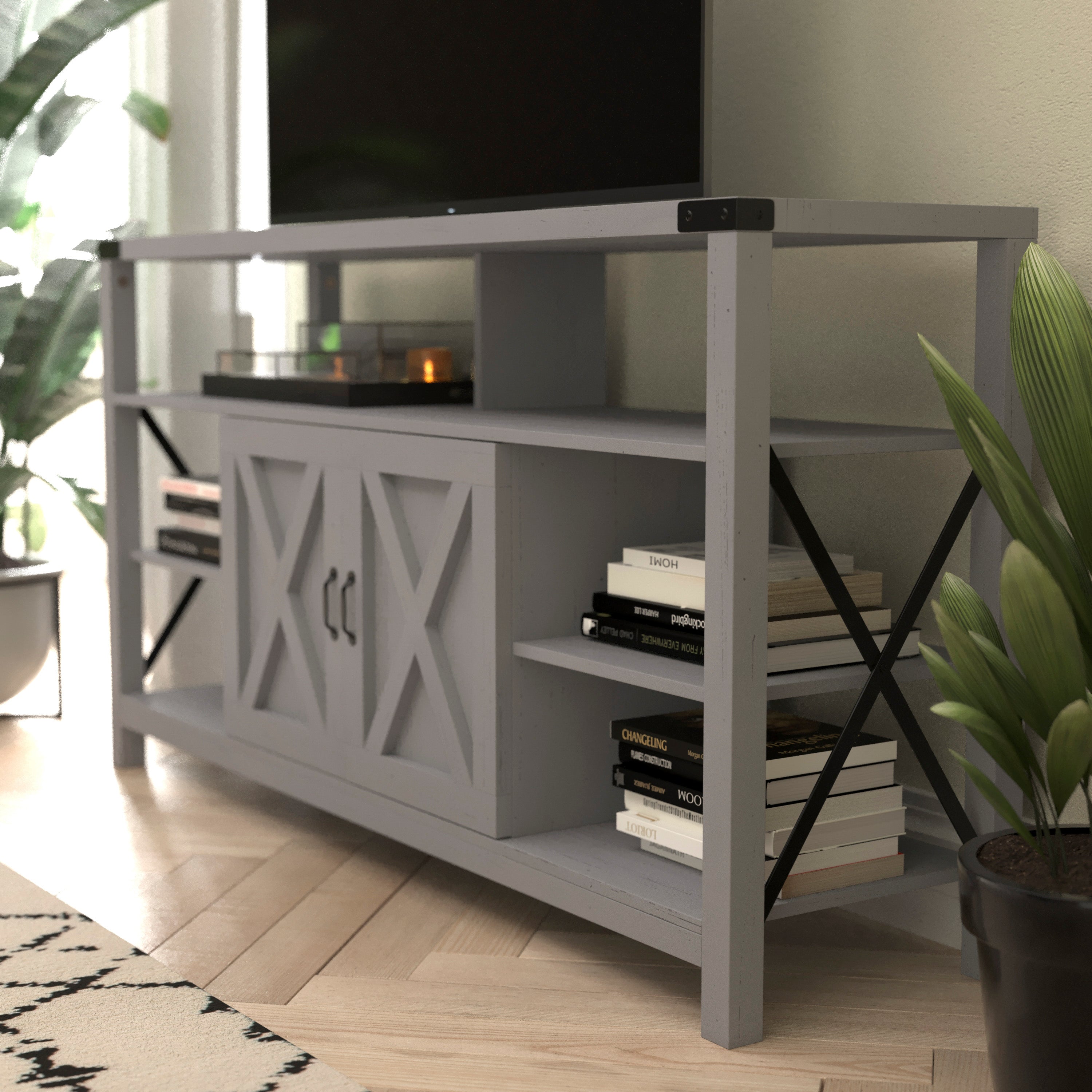Wyatt 60" Modern Farmhouse Tall TV Console Cabinet with Storage Cabinets and Shelves for TV's up to 60", Coastal Gray