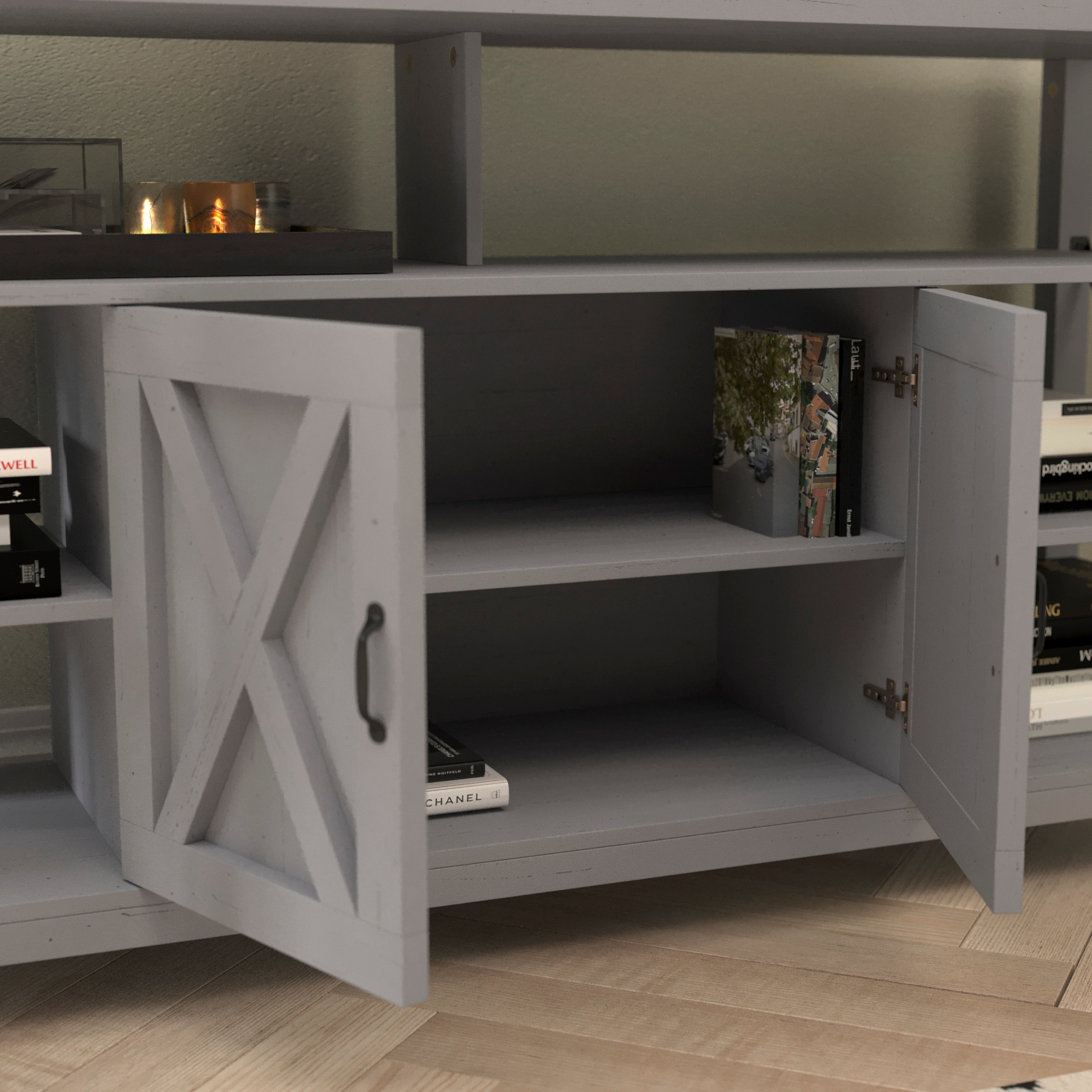 Wyatt 60" Modern Farmhouse Tall TV Console Cabinet with Storage Cabinets and Shelves for TV's up to 60", Coastal Gray