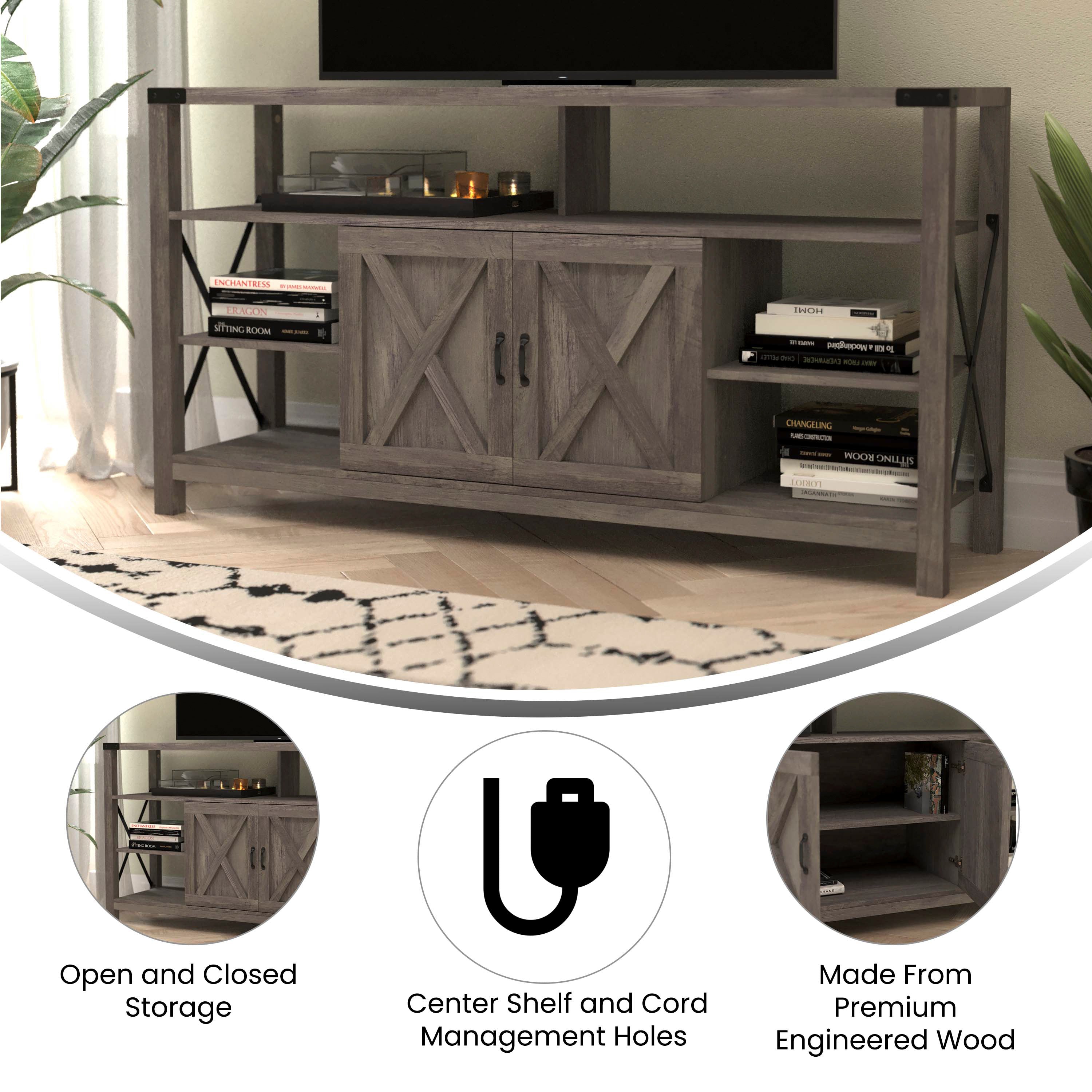 Wyatt 60" Modern Farmhouse Tall TV Console Cabinet with Storage Cabinets and Shelves for TV's up to 60", Gray Wash