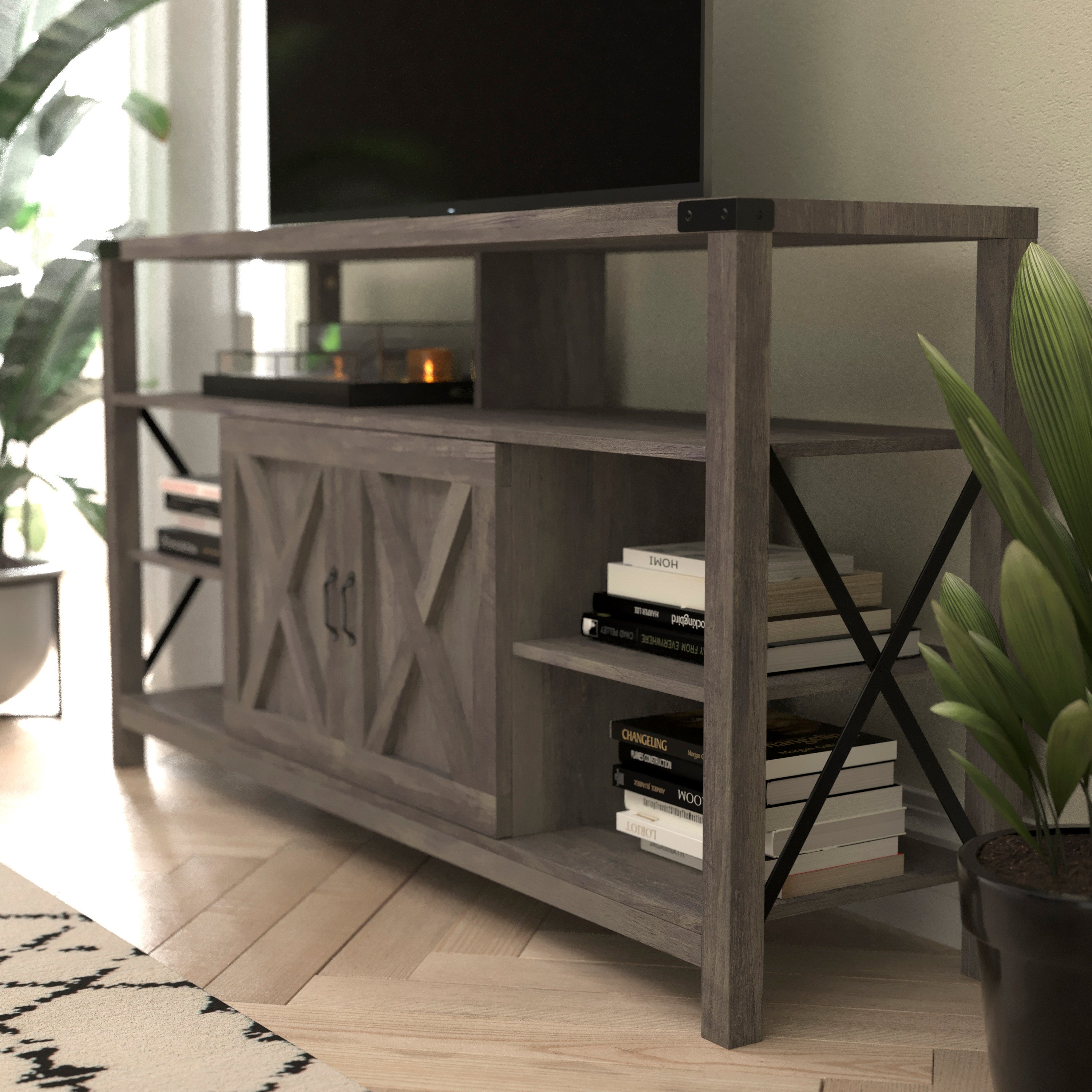 Wyatt 60" Modern Farmhouse Tall TV Console Cabinet with Storage Cabinets and Shelves for TV's up to 60", Gray Wash