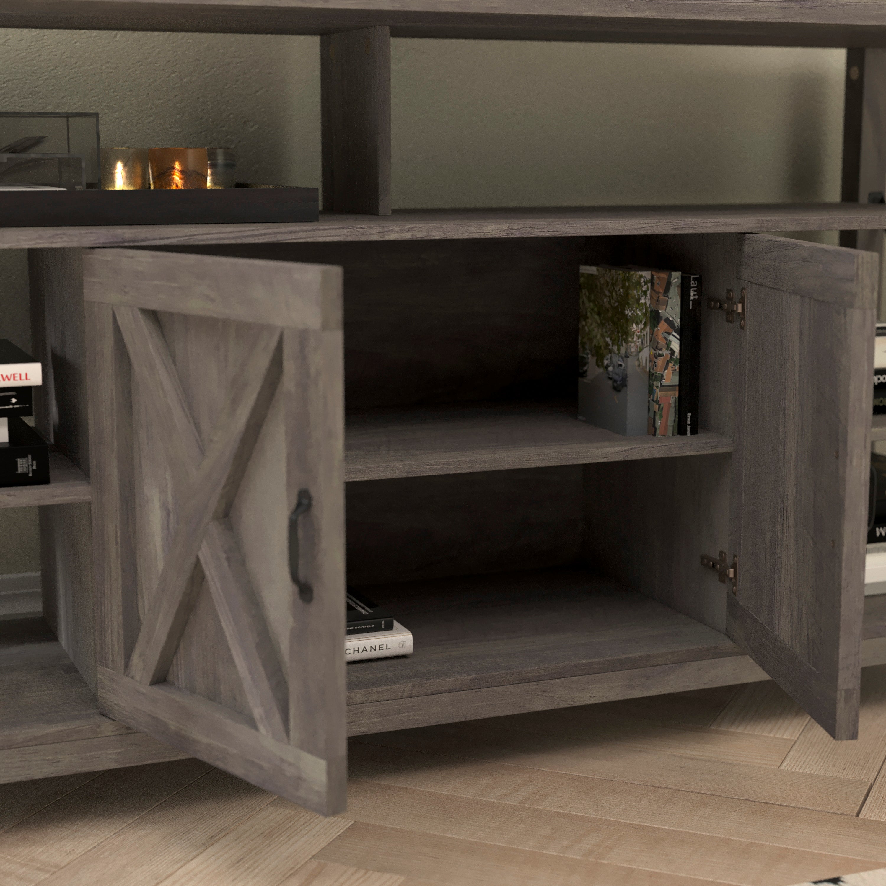 Wyatt 60" Modern Farmhouse Tall TV Console Cabinet with Storage Cabinets and Shelves for TV's up to 60", Gray Wash