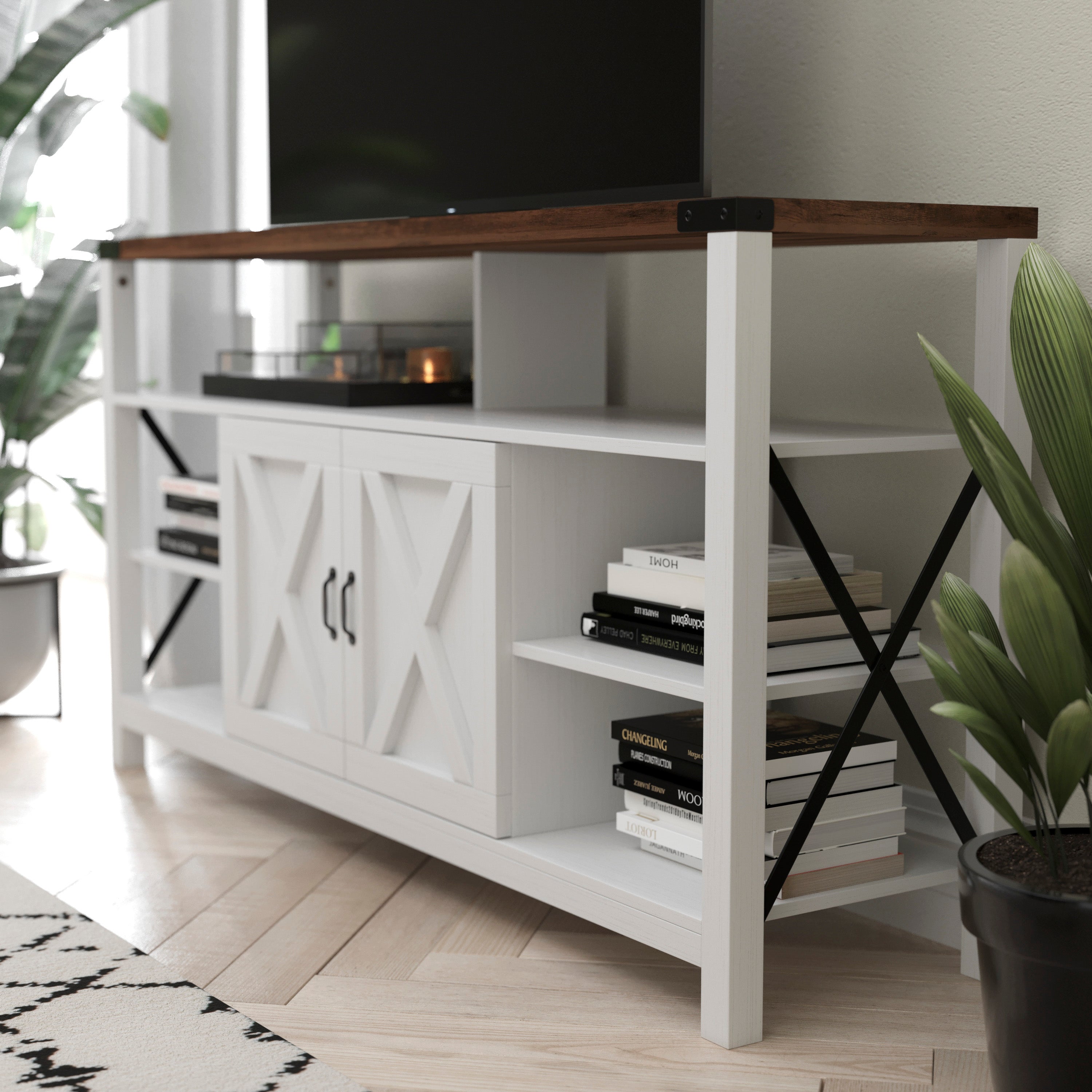 Wyatt 60" Modern Farmhouse Tall TV Stand with Storage Cabinets and Shelves for TV's up to 60", White/Rustic Oak
