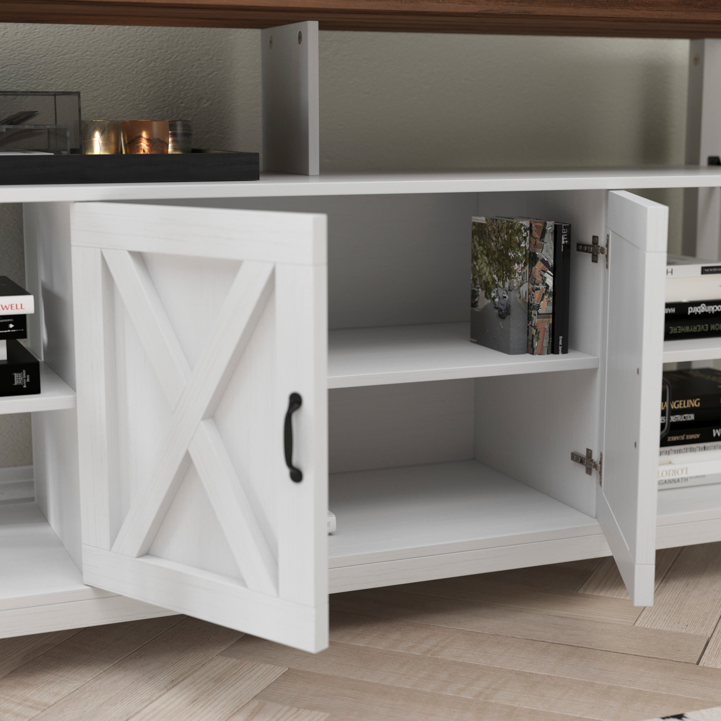 Wyatt 60" Modern Farmhouse Tall TV Stand with Storage Cabinets and Shelves for TV's up to 60", White/Rustic Oak