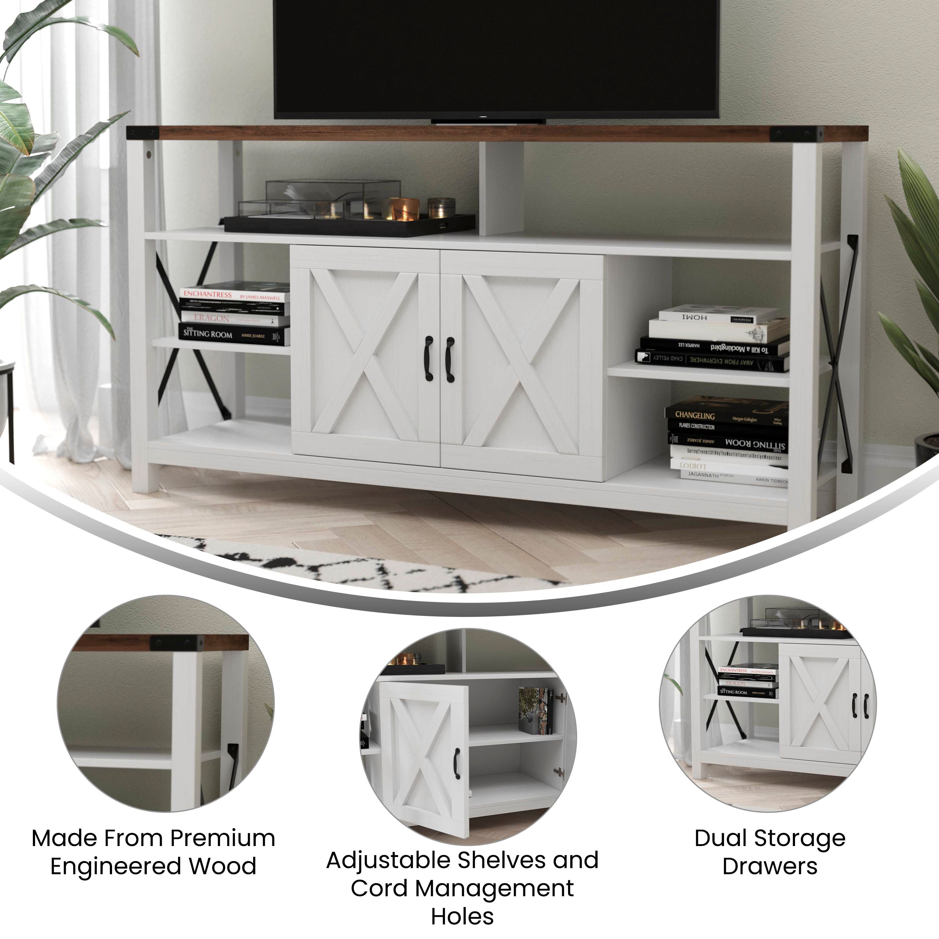 Wyatt 60" Modern Farmhouse Tall TV Stand with Storage Cabinets and Shelves for TV's up to 60", White/Rustic Oak