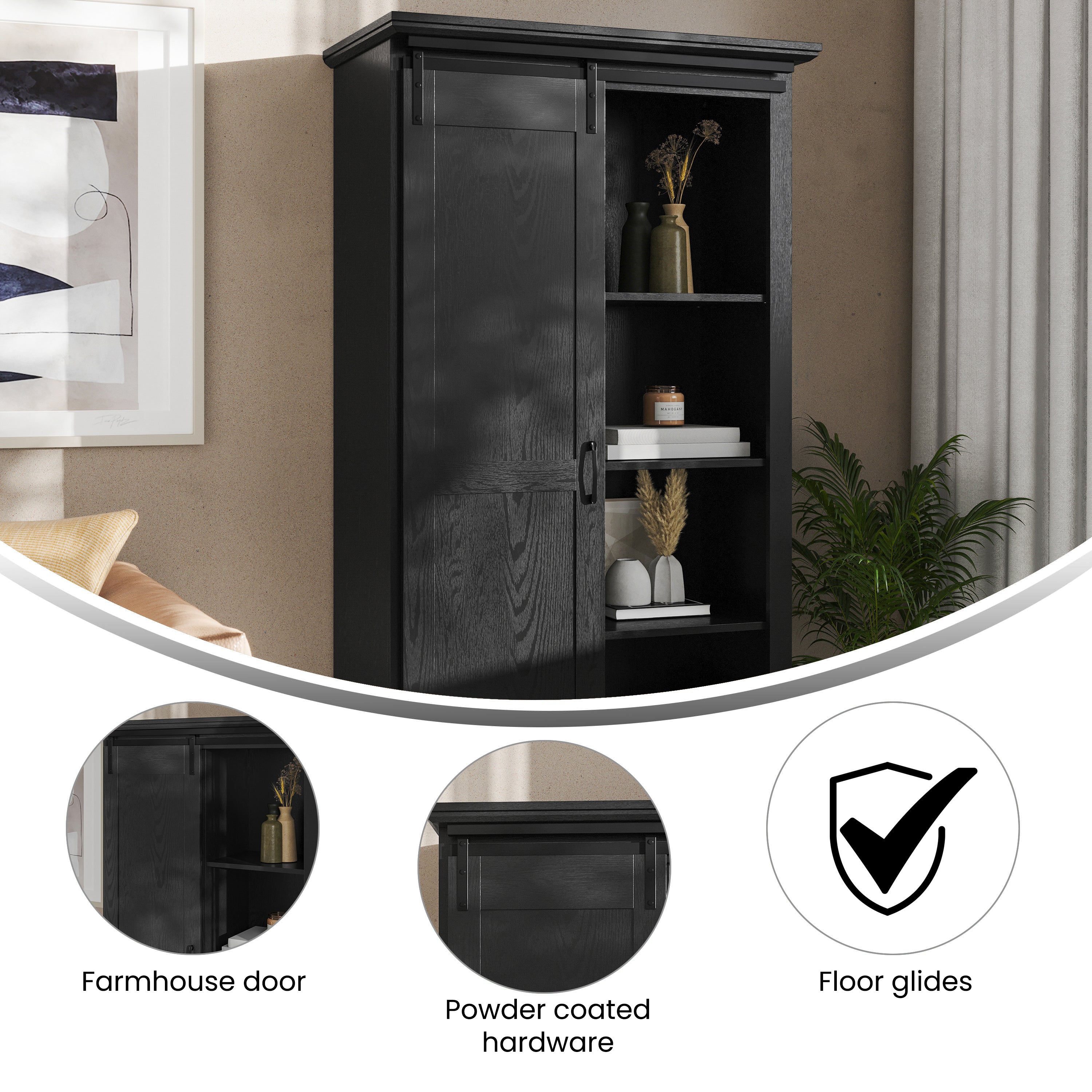 Harrison 36" Wide Rustic Farmhouse Storage Cabinet Bookcase with Sliding Barn Door and 4 Adjustable and 2 Fixed Shelves in Black