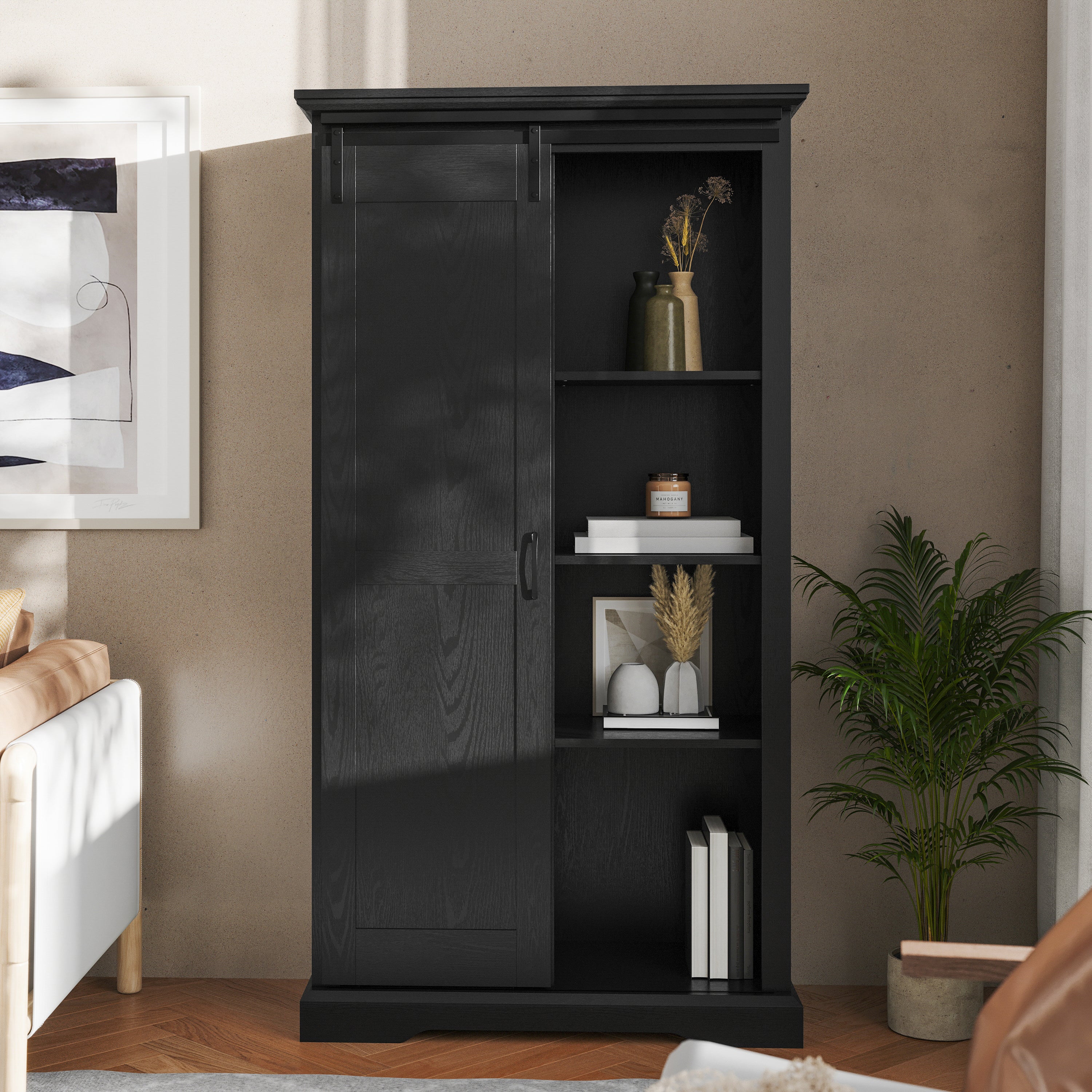 Harrison 36" Wide Rustic Farmhouse Storage Cabinet Bookcase with Sliding Barn Door and 4 Adjustable and 2 Fixed Shelves in Black