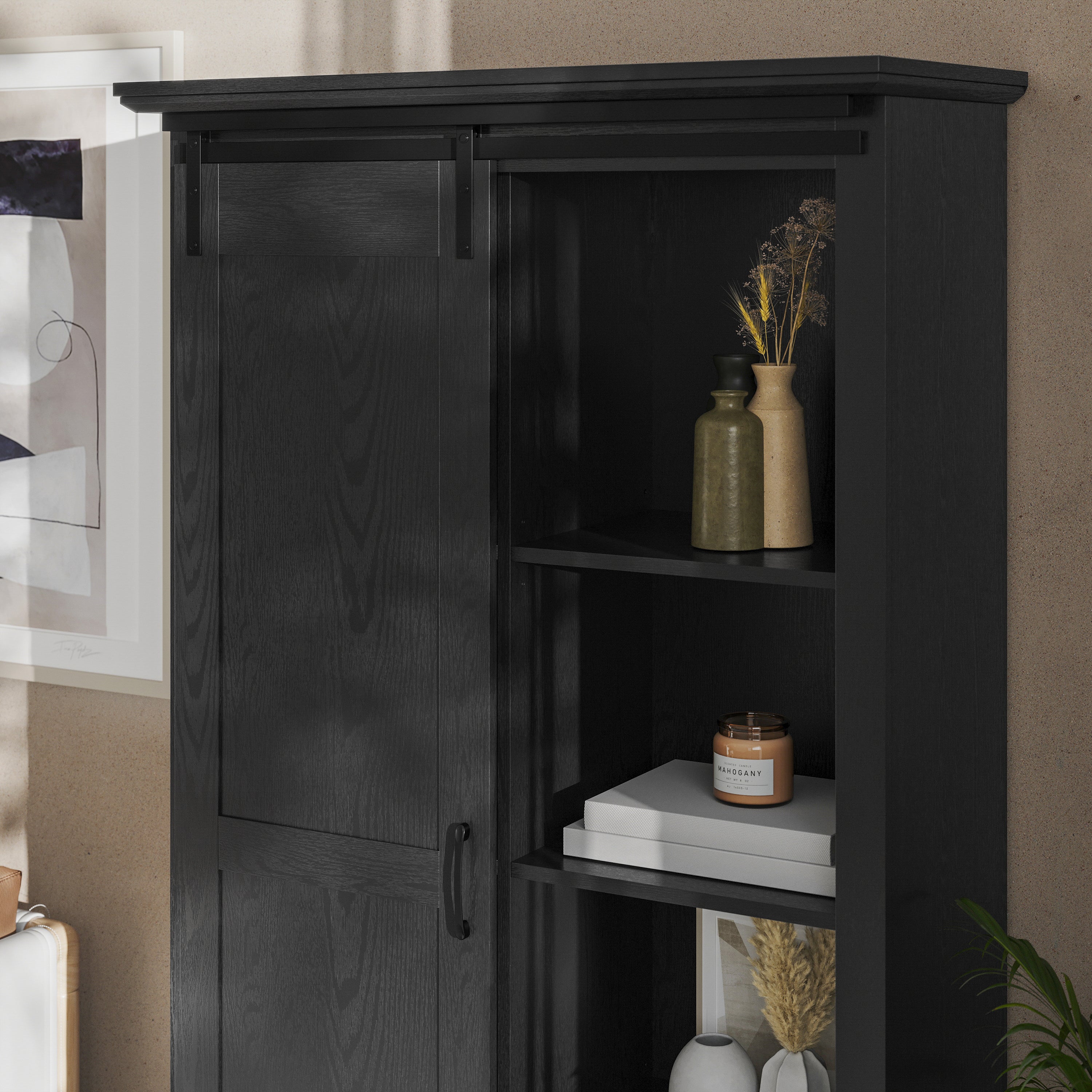 Harrison 36" Wide Rustic Farmhouse Storage Cabinet Bookcase with Sliding Barn Door and 4 Adjustable and 2 Fixed Shelves in Black