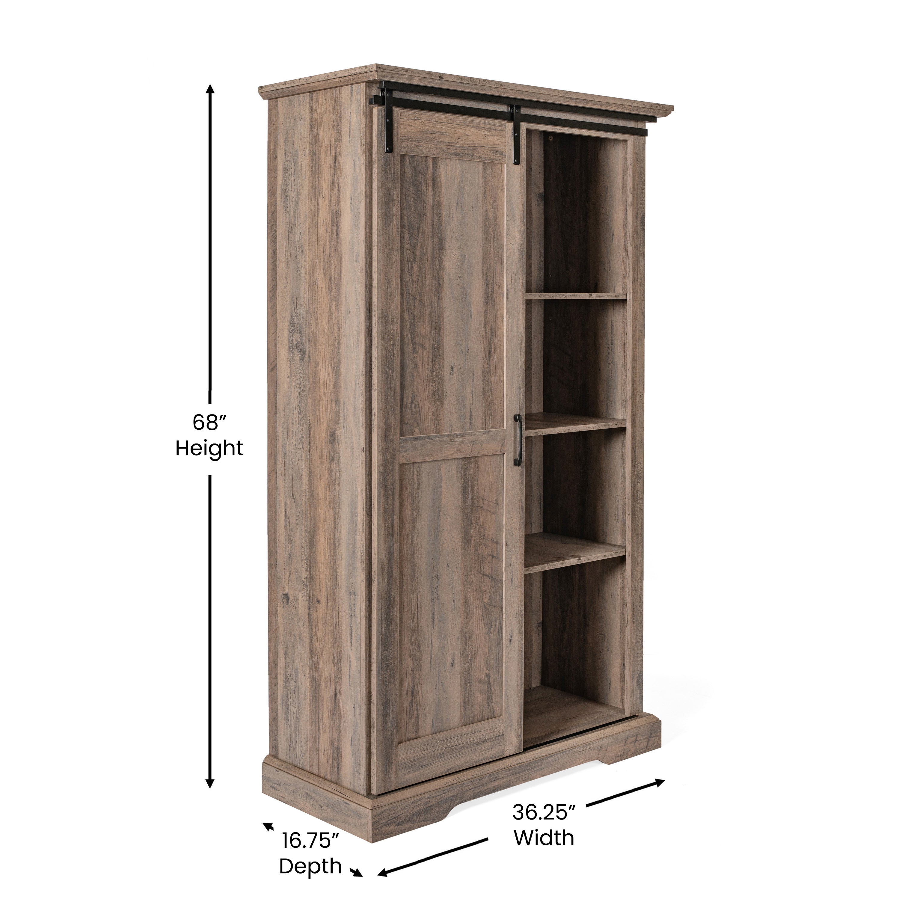 Harrison 36" Wide Rustic Farmhouse Storage Cabinet Bookcase with Sliding Barn Door and 4 Adjustable and 2 Fixed Shelves in Graywash