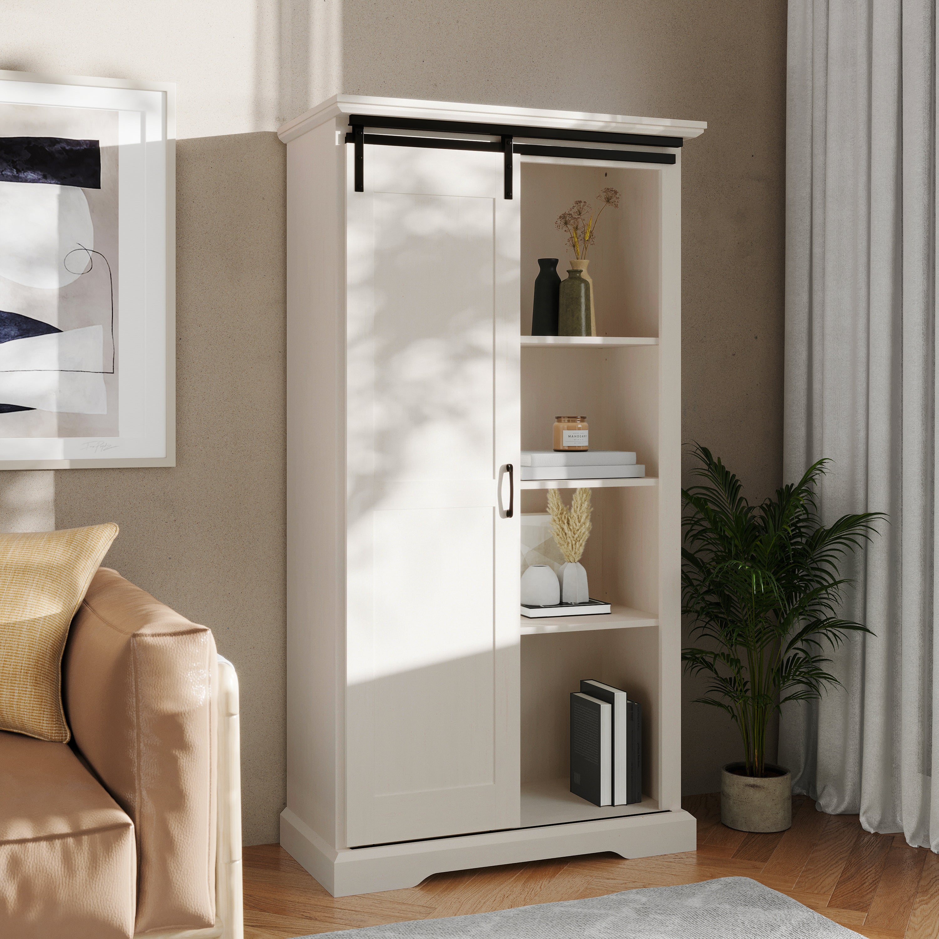 Harrison 36" Wide Rustic Farmhouse Storage Cabinet Bookcase with Sliding Barn Door and 4 Adjustable and 2 Fixed Shelves in White