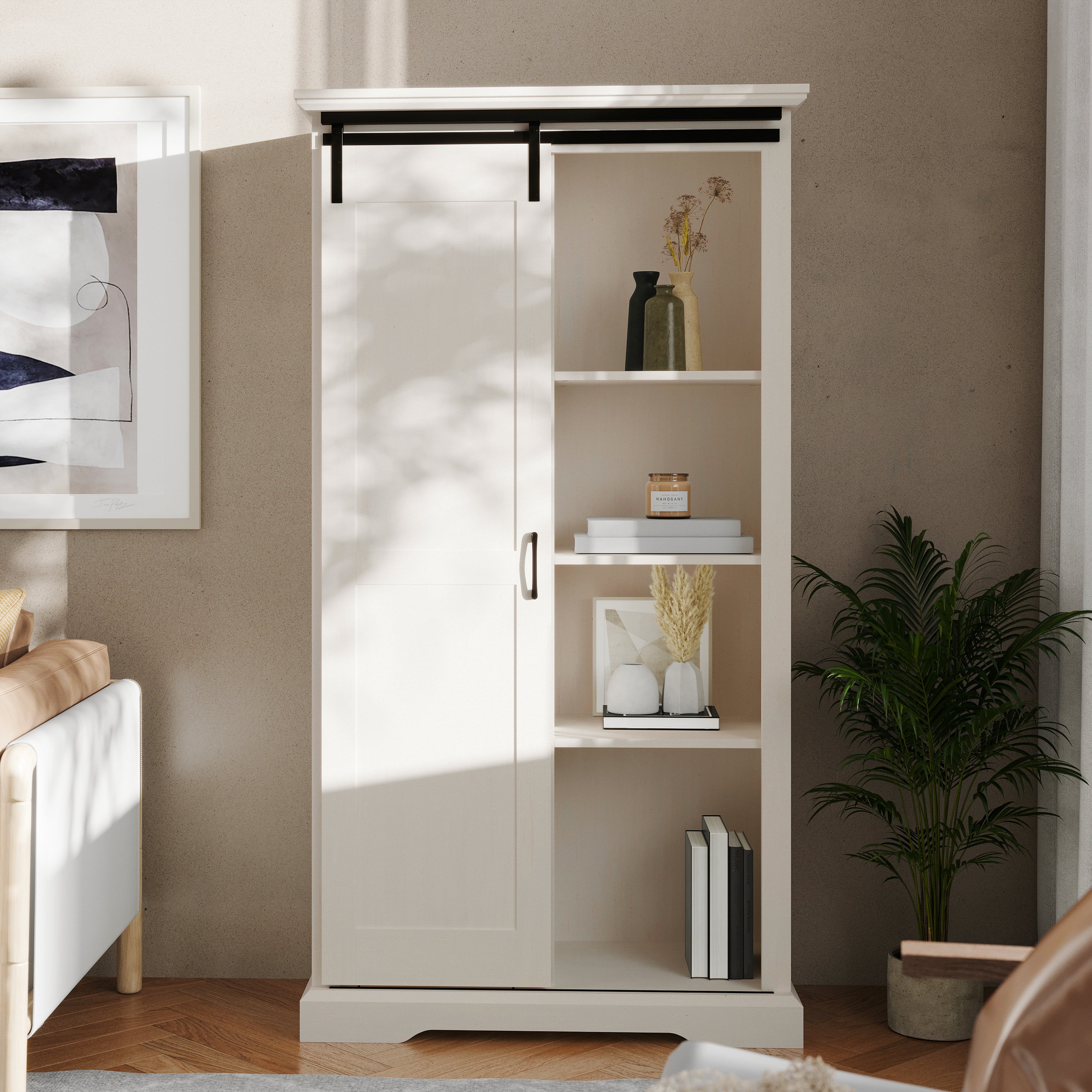 Harrison 36" Wide Rustic Farmhouse Storage Cabinet Bookcase with Sliding Barn Door and 4 Adjustable and 2 Fixed Shelves in White