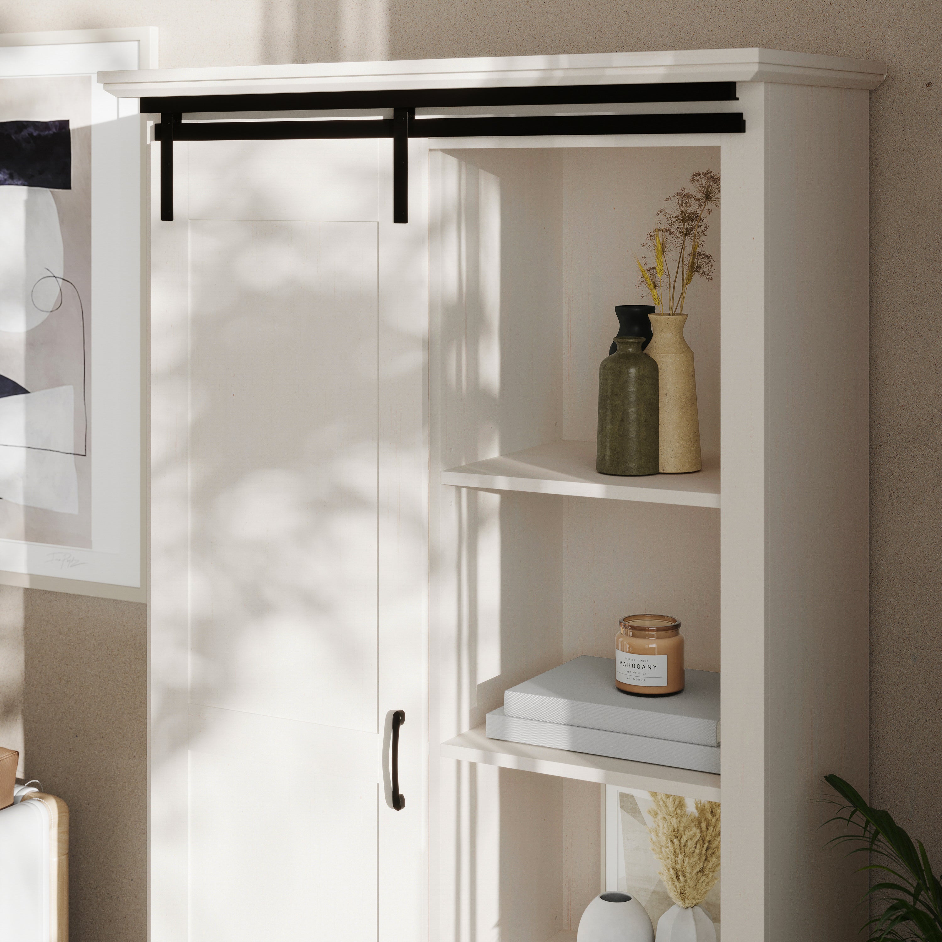 Harrison 36" Wide Rustic Farmhouse Storage Cabinet Bookcase with Sliding Barn Door and 4 Adjustable and 2 Fixed Shelves in White