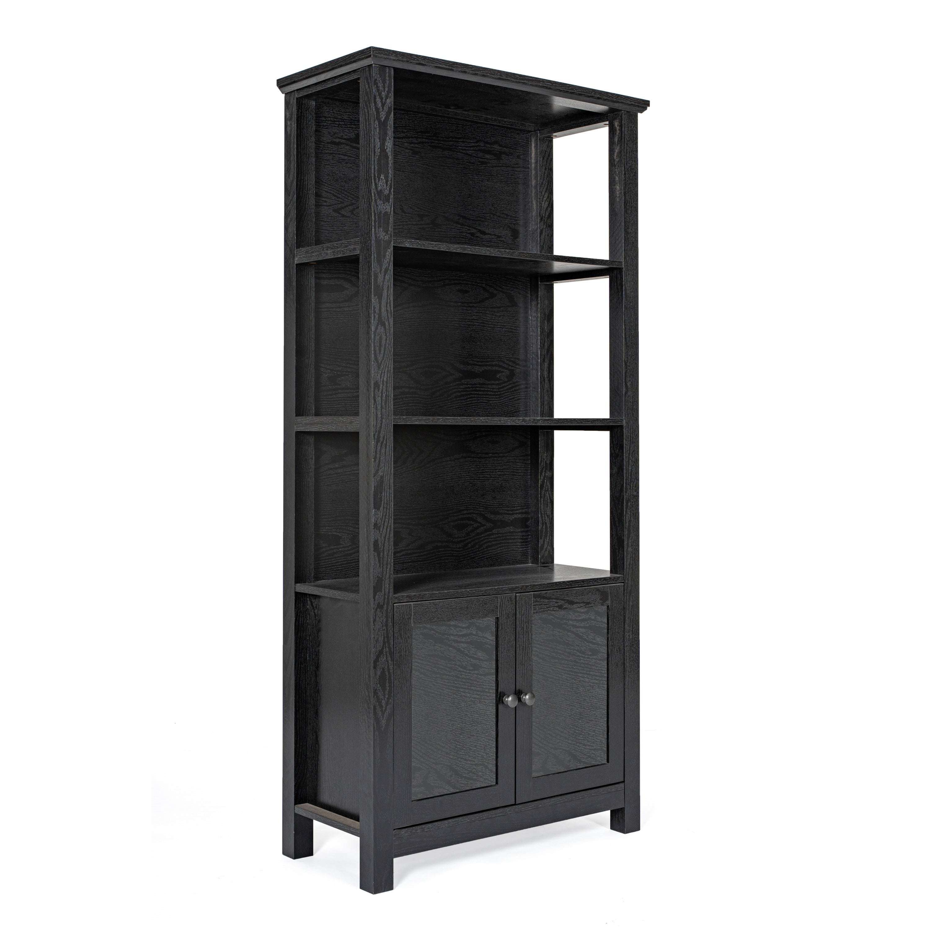 Stella Modern Farmhouse Wooden Bookcase and Storage Cabinet with Tempered Glass Doors and 3 Upper Shelves in Black