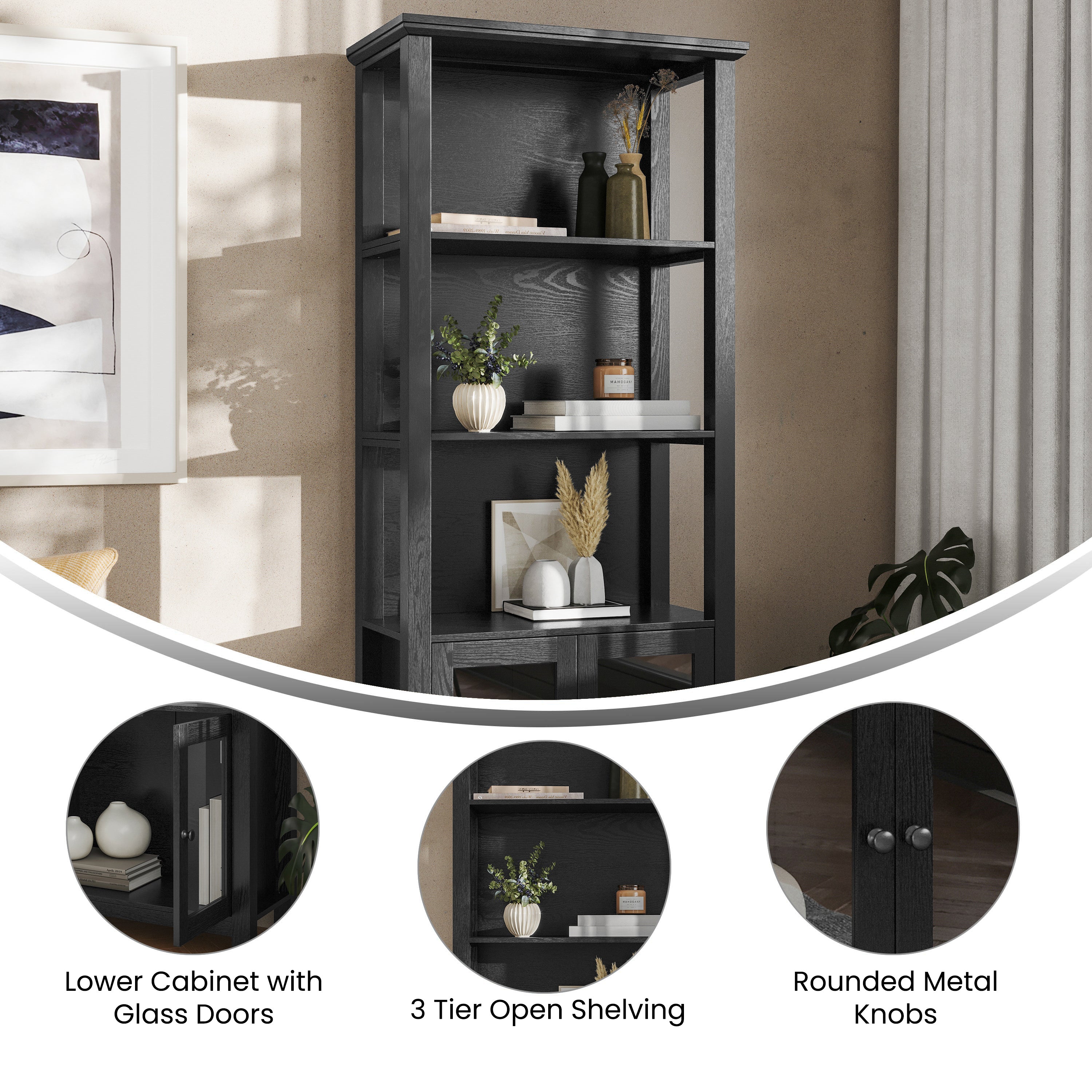 Stella Modern Farmhouse Wooden Bookcase and Storage Cabinet with Tempered Glass Doors and 3 Upper Shelves in Black