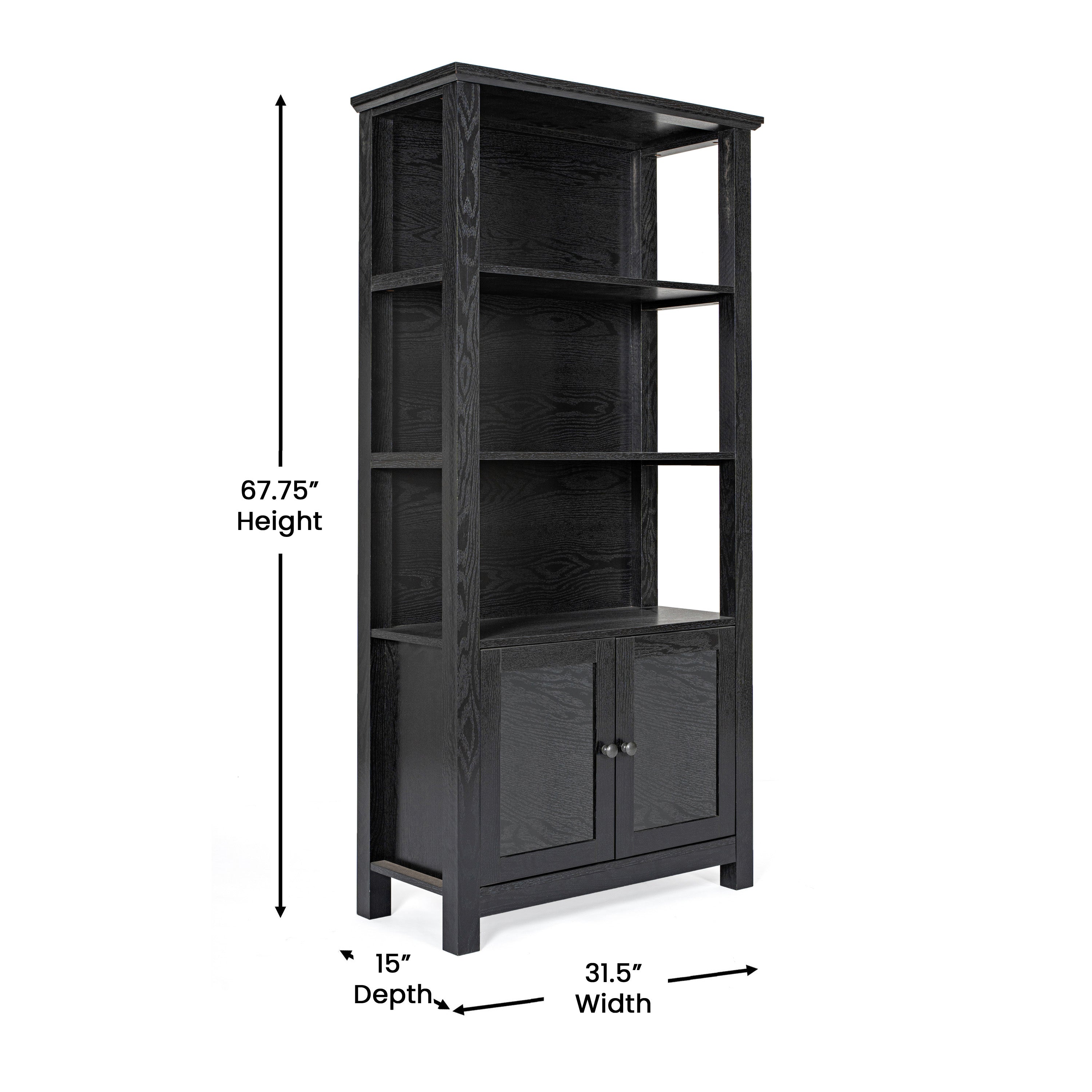 Stella Modern Farmhouse Wooden Bookcase and Storage Cabinet with Tempered Glass Doors and 3 Upper Shelves in Black
