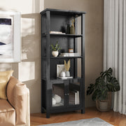 Stella Modern Farmhouse Wooden Bookcase and Storage Cabinet with Tempered Glass Doors and 3 Upper Shelves in Black