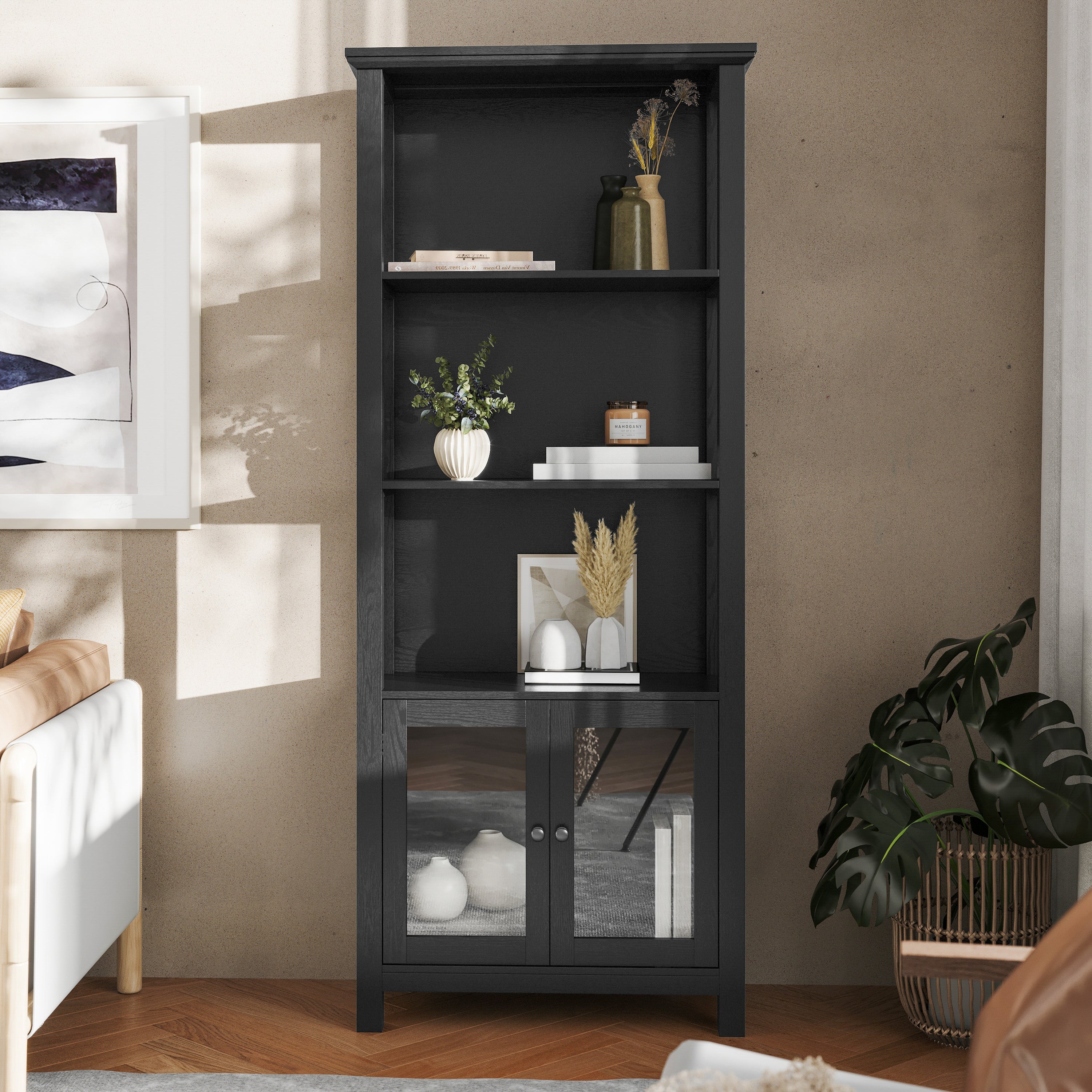 Stella Modern Farmhouse Wooden Bookcase and Storage Cabinet with Tempered Glass Doors and 3 Upper Shelves in Black