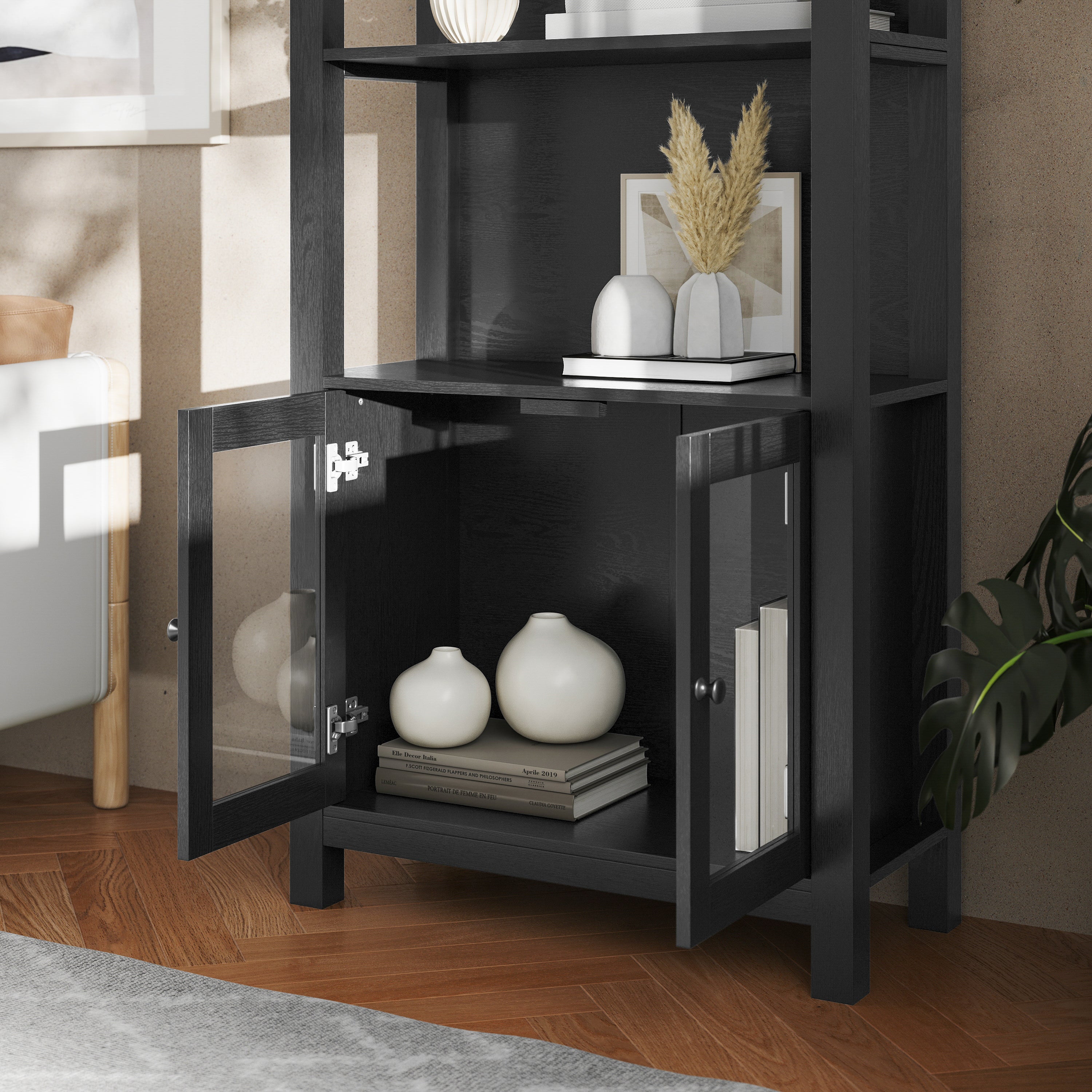 Stella Modern Farmhouse Wooden Bookcase and Storage Cabinet with Tempered Glass Doors and 3 Upper Shelves in Black