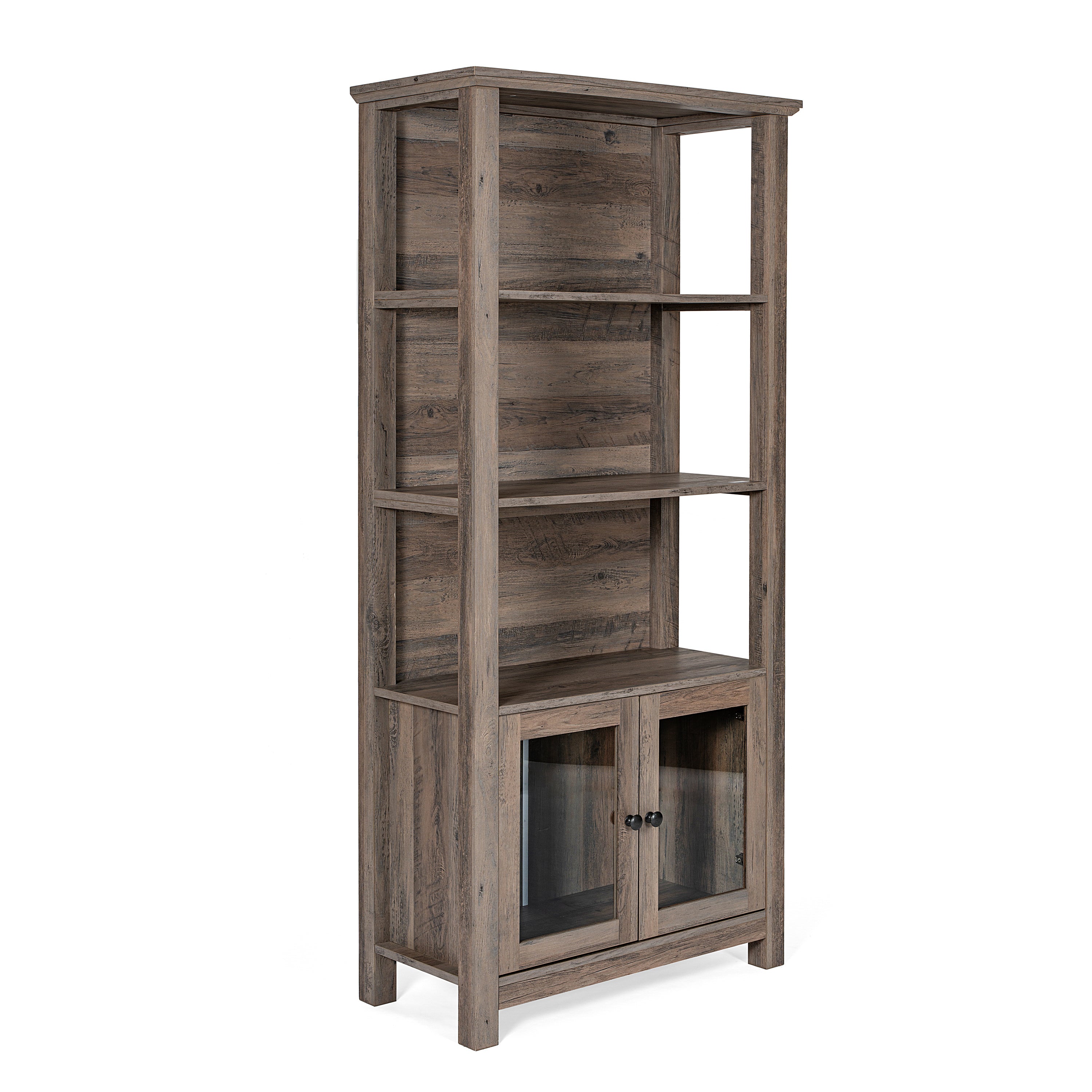 Stella Modern Farmhouse Wooden Bookcase and Storage Cabinet with Tempered Glass Doors and 3 Upper Shelves in Gray Wash