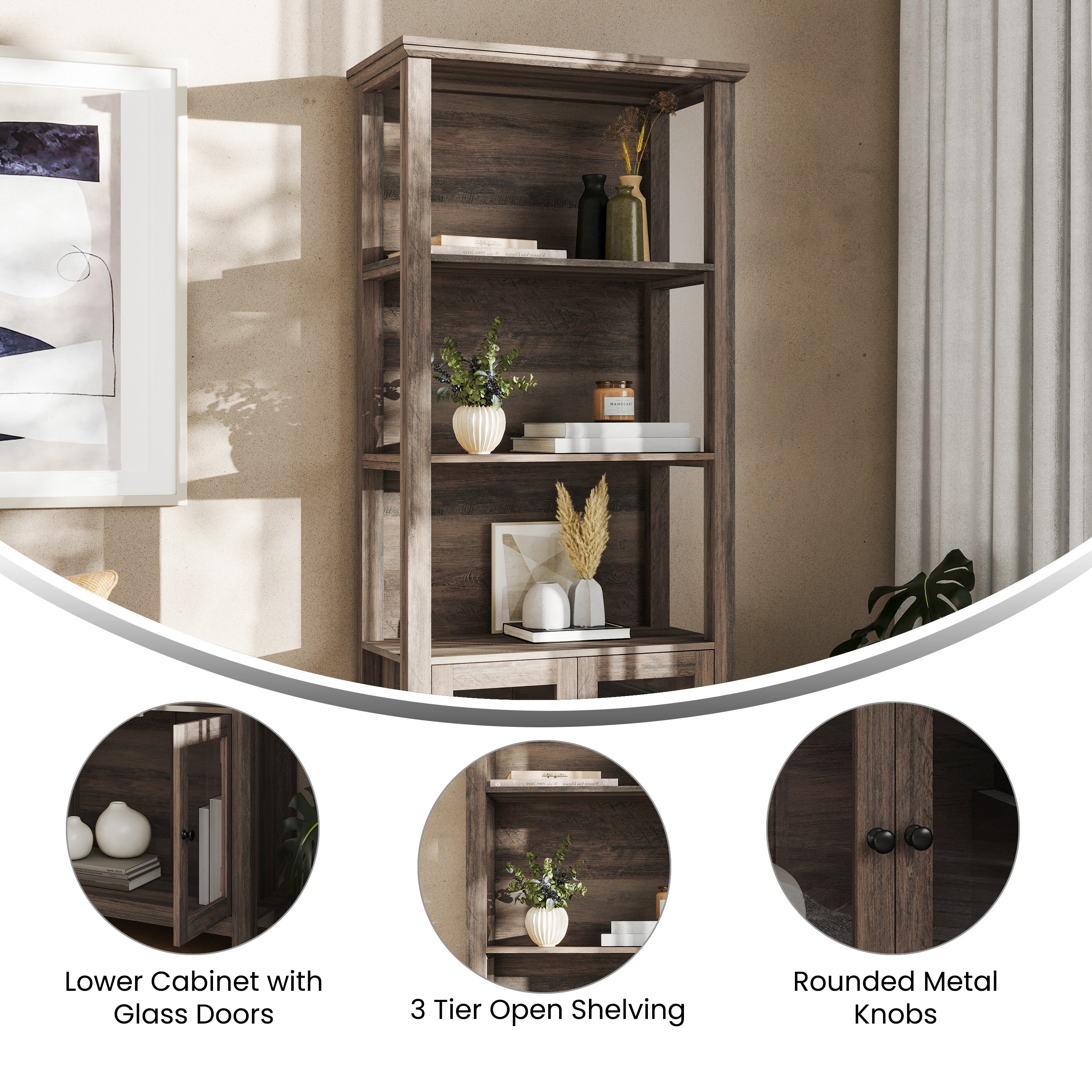 Stella Modern Farmhouse Wooden Bookcase and Storage Cabinet with Tempered Glass Doors and 3 Upper Shelves in Gray Wash